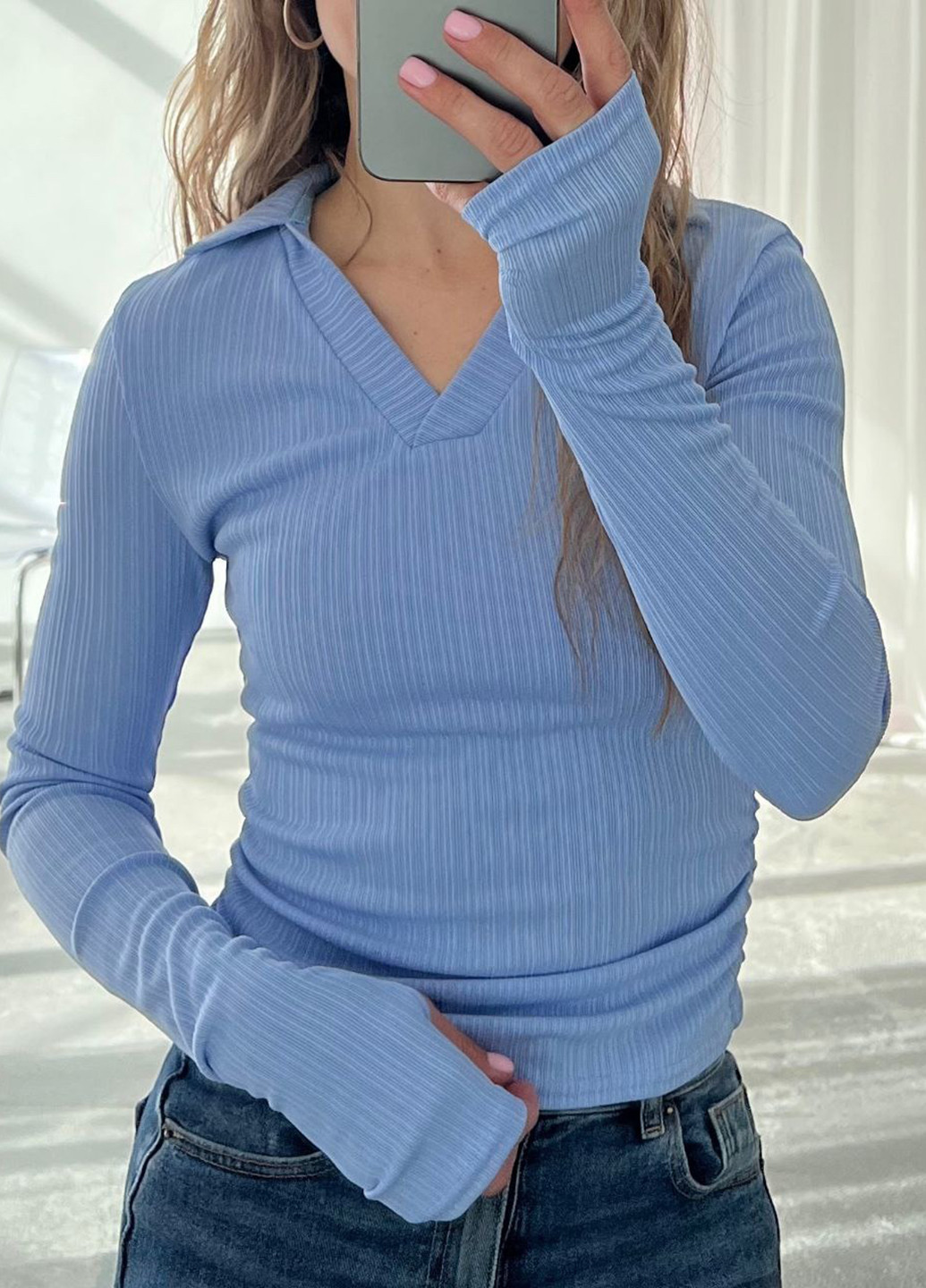 Голубой женская футболка-поло No Brand однотонная