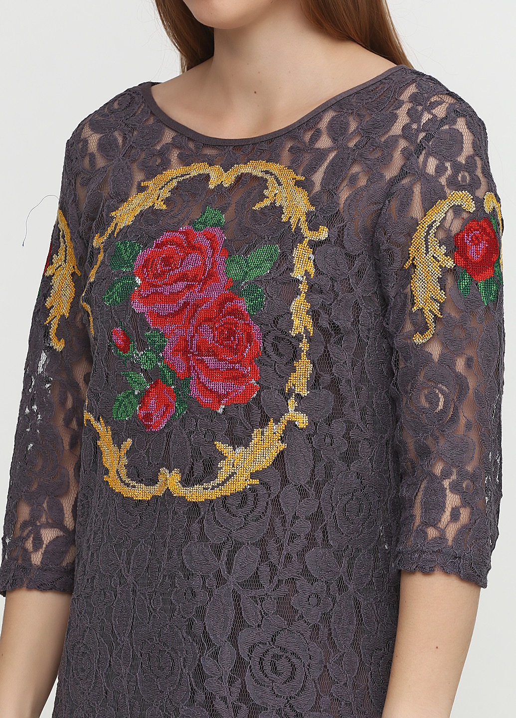 Темно-серое кэжуал платье ЕтноМодерн с цветочным принтом
