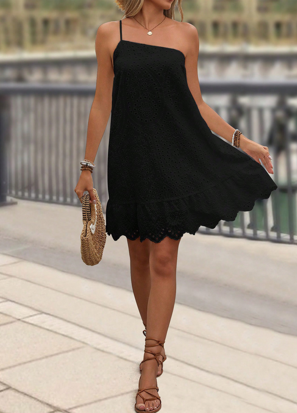 Чорна кежуал сукня з спідницею-сонце, на одне плече, а-силует SHEIN однотонна