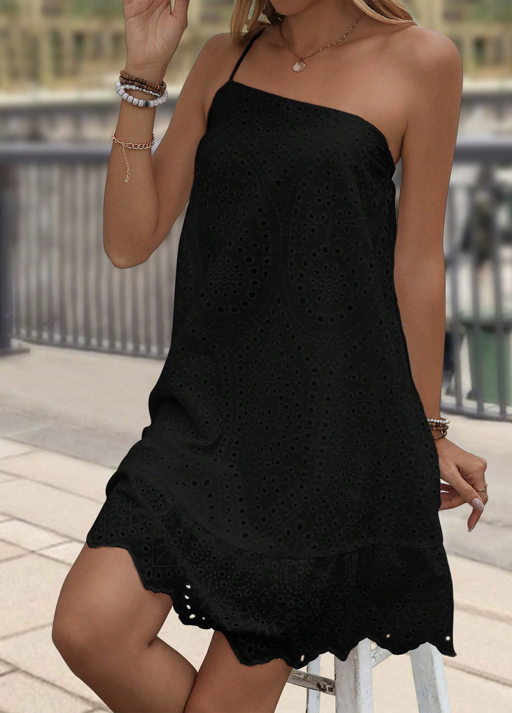 Чорна кежуал сукня з спідницею-сонце, на одне плече, а-силует SHEIN однотонна