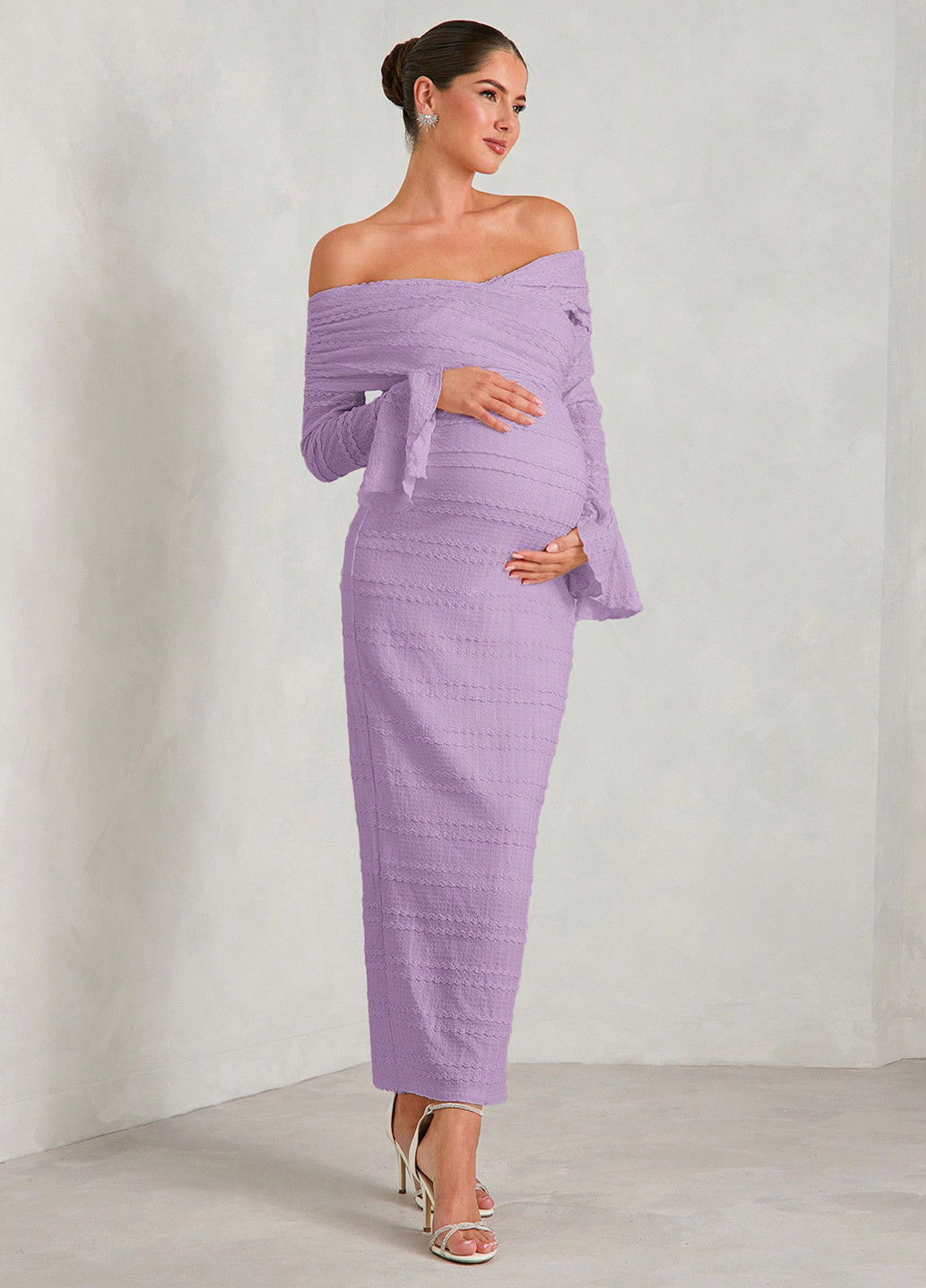 Лиловое вечернее платье для беременных футляр, с открытыми плечами SHEIN однотонное