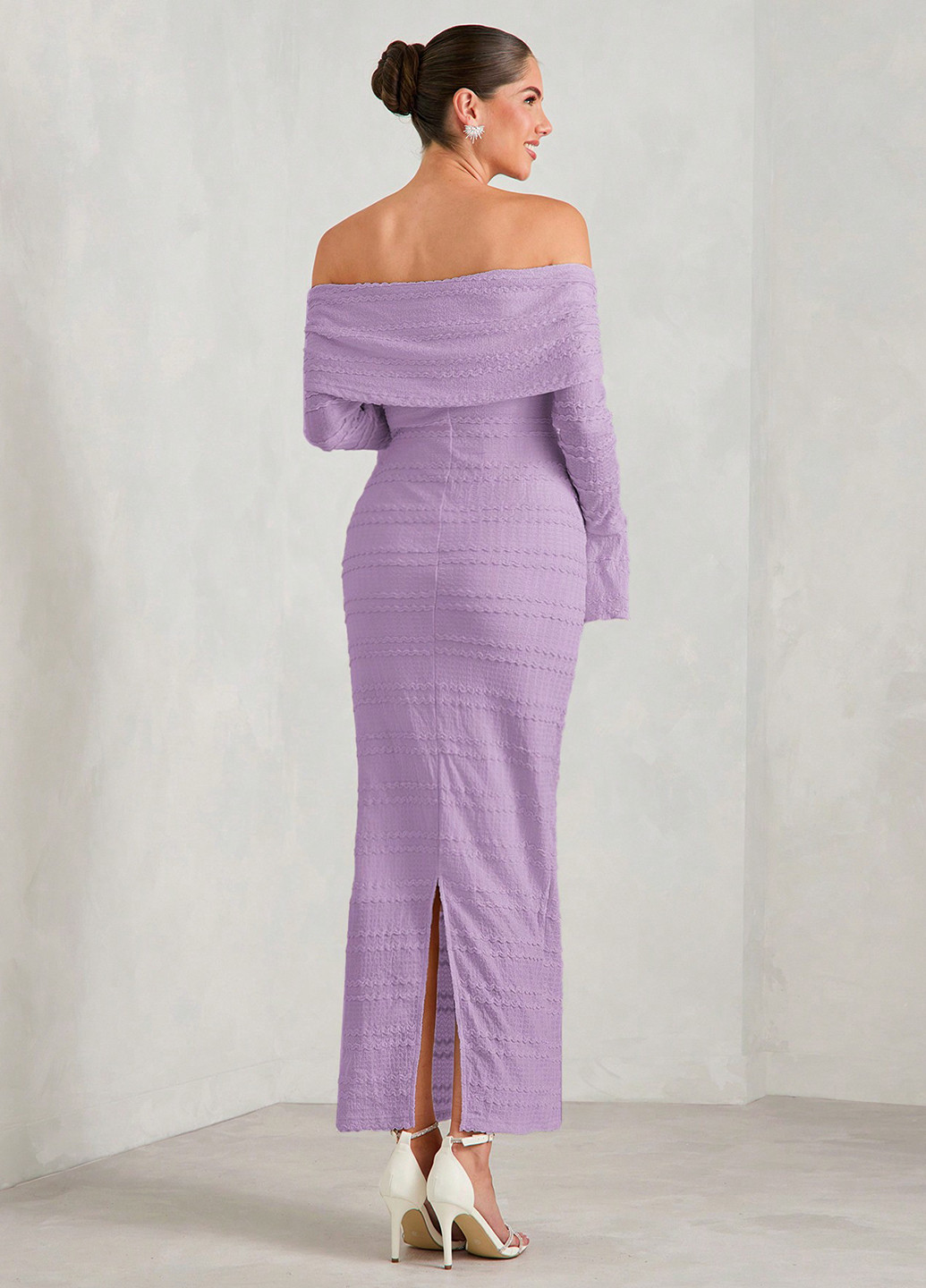 Лиловое вечернее платье для беременных футляр, с открытыми плечами SHEIN однотонное