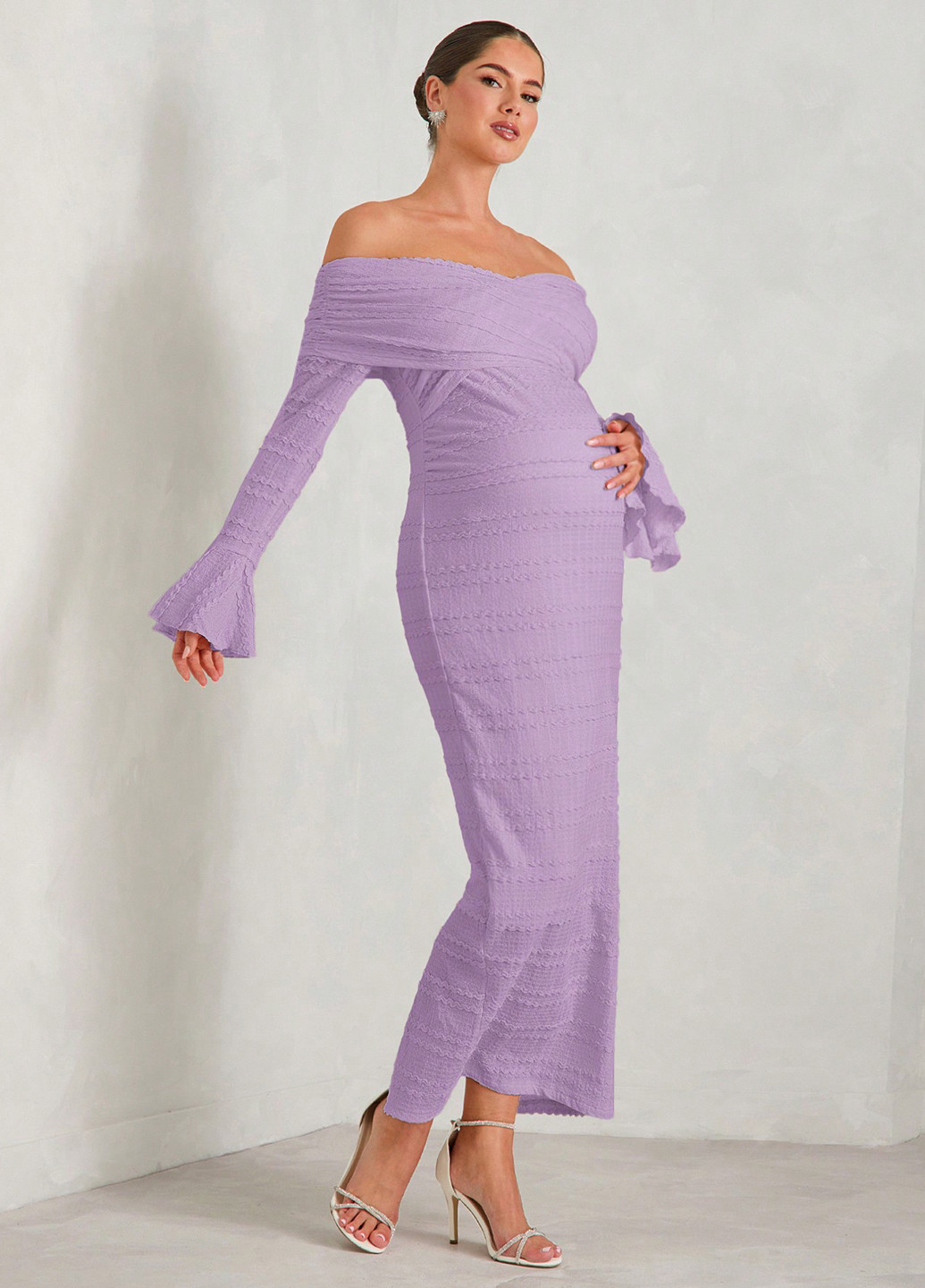 Лиловое вечернее платье для беременных футляр, с открытыми плечами SHEIN однотонное