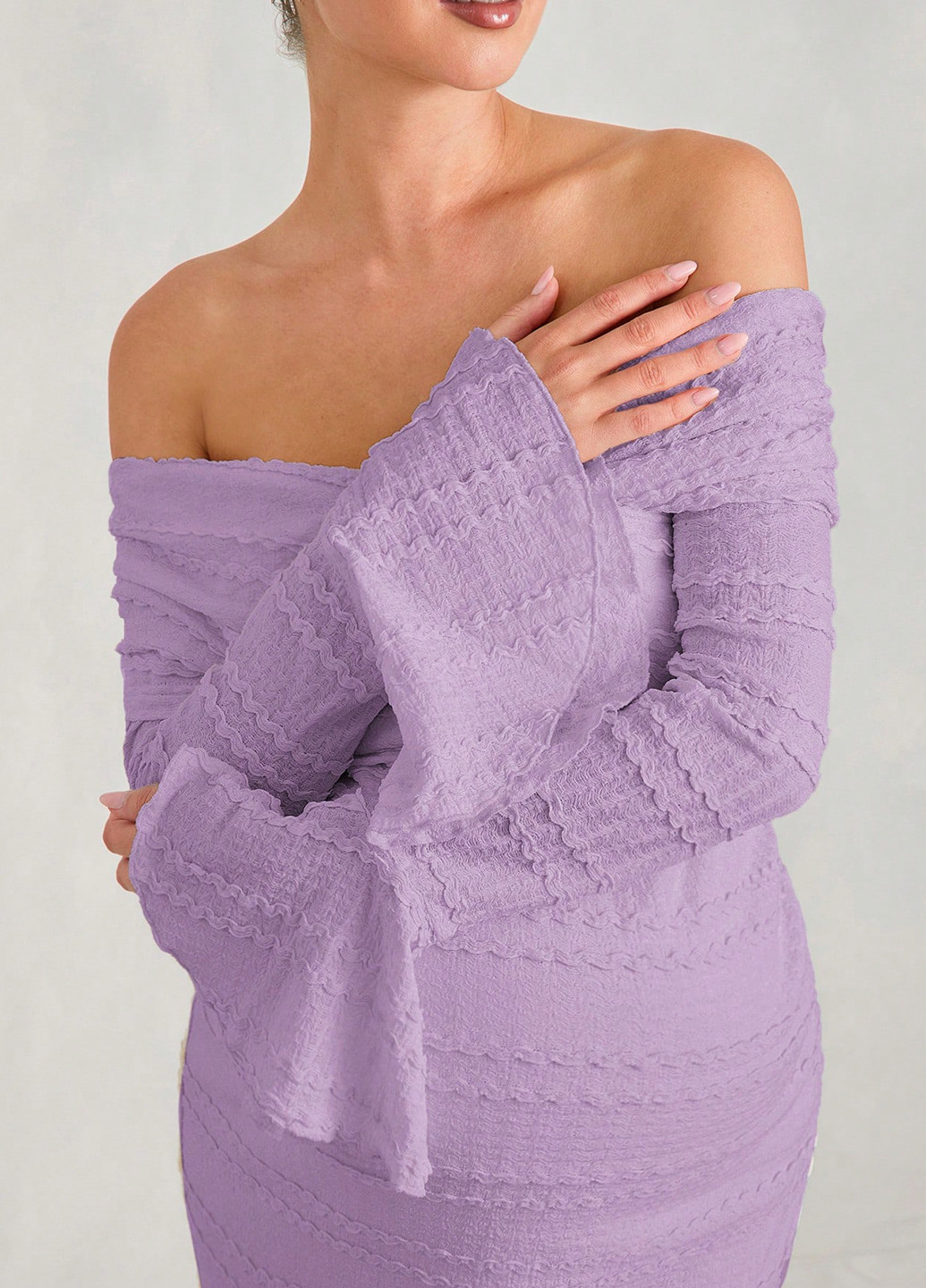 Лиловое вечернее платье для беременных футляр, с открытыми плечами SHEIN однотонное