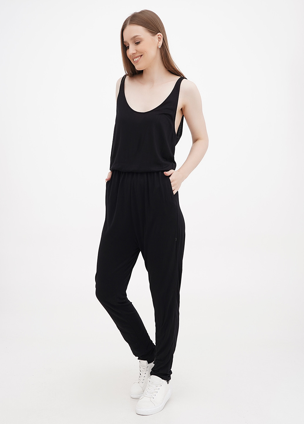 Комбинезон H&M комбинезон-брюки однотонный чёрный кэжуал вискоза