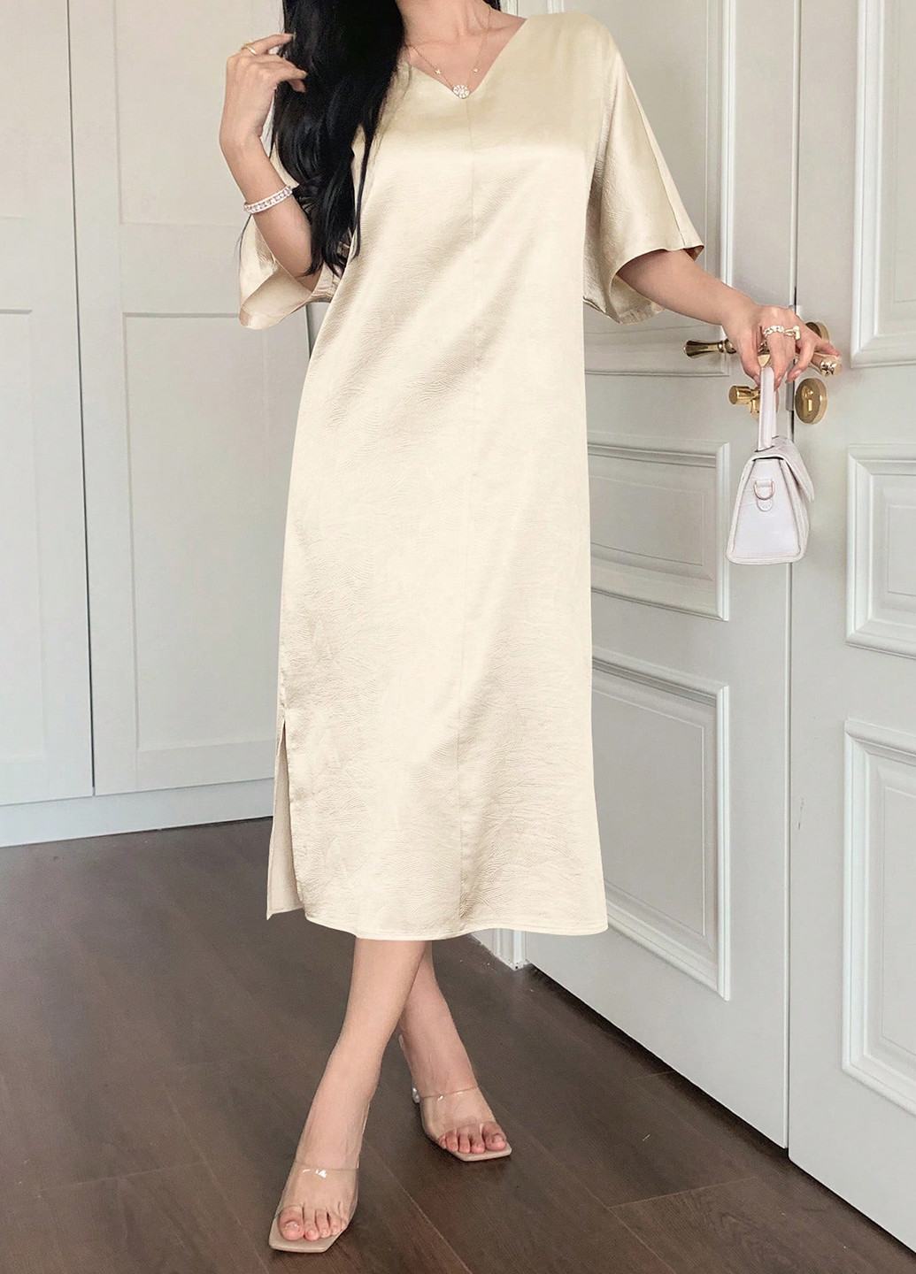 Кремовое кэжуал платье а-силуэт SHEIN однотонное