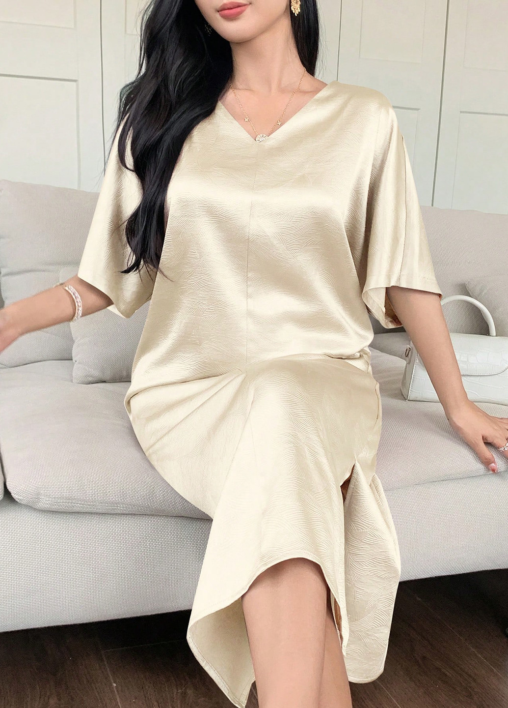 Кремовое кэжуал платье а-силуэт SHEIN однотонное