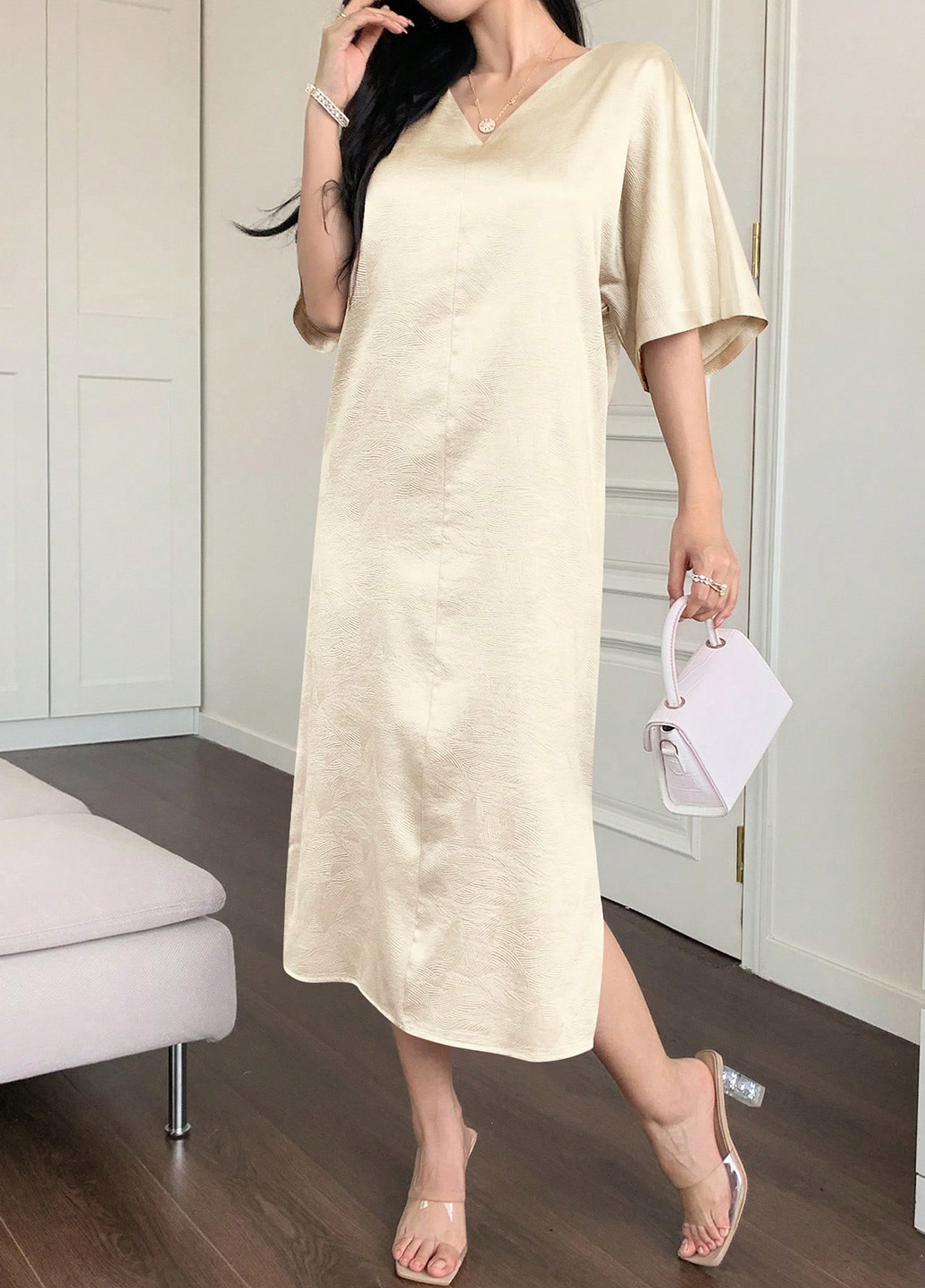 Кремовое кэжуал платье а-силуэт SHEIN однотонное