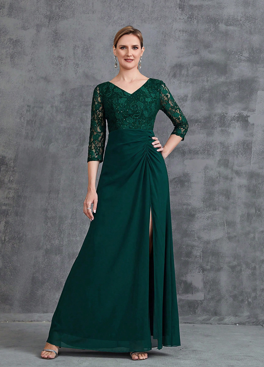 Темно-зеленое праздничный, вечернее платье клеш SHEIN однотонное