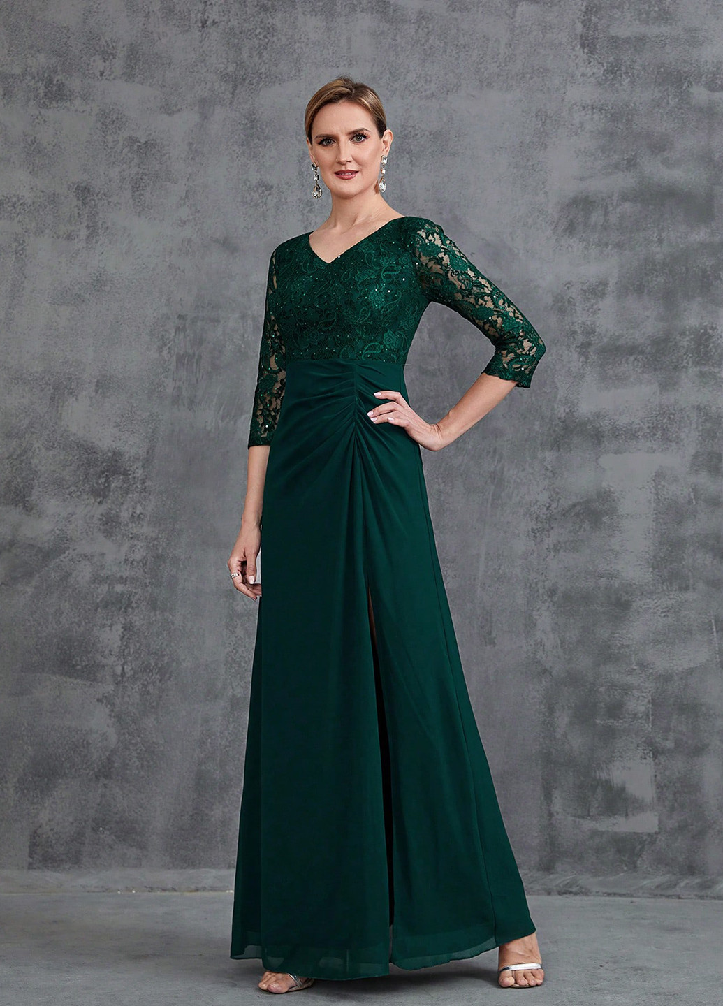 Темно-зеленое праздничный, вечернее платье клеш SHEIN однотонное