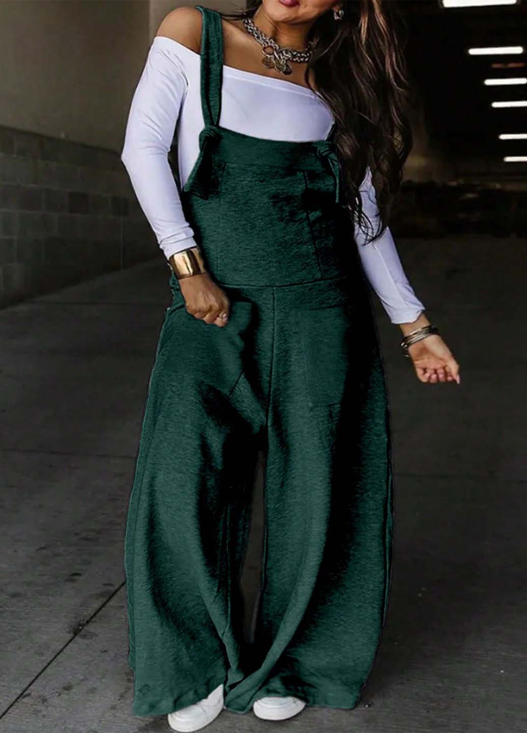 Комбинезон SHEIN комбинезон-брюки меланж темно-зелёный кэжуал полиэстер, трикотаж