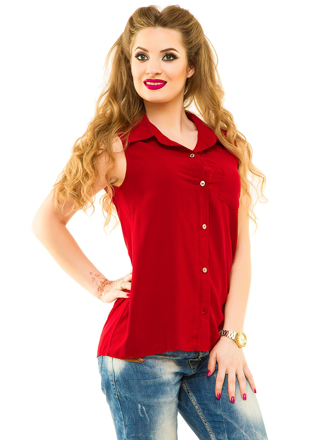 Темно-красная кэжуал рубашка однотонная Lady Style