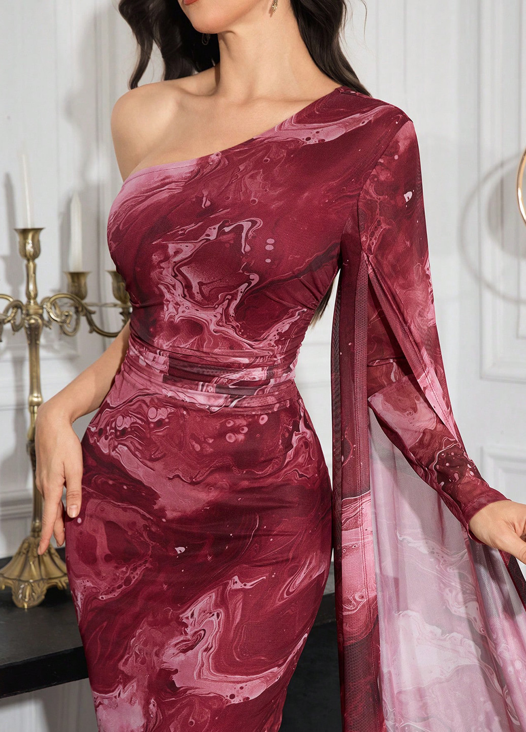 Бордовое вечернее, праздничный платье силуэтная SHEIN с абстрактным узором