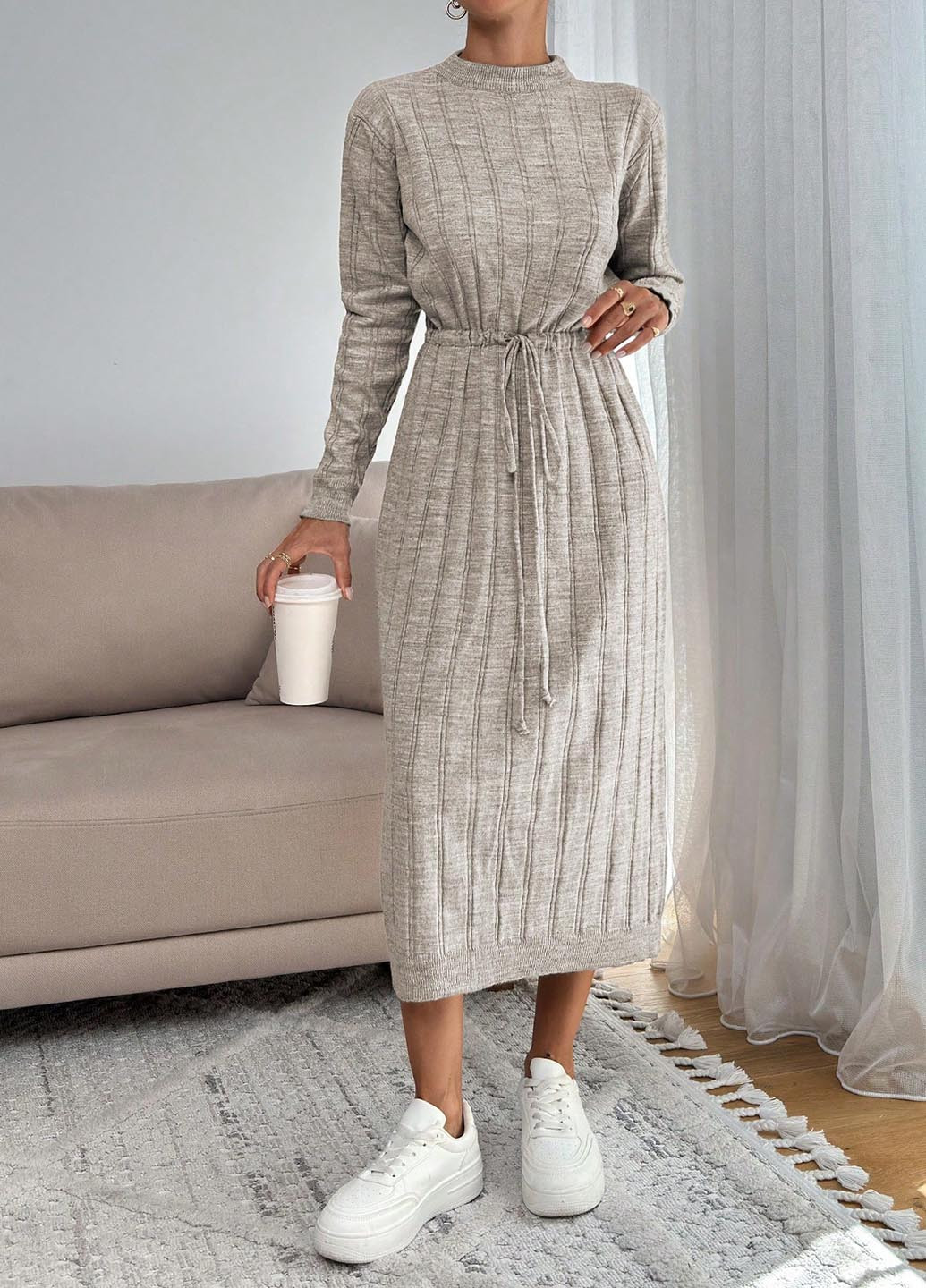 Бежевое кэжуал платье платье-свитер SHEIN однотонное