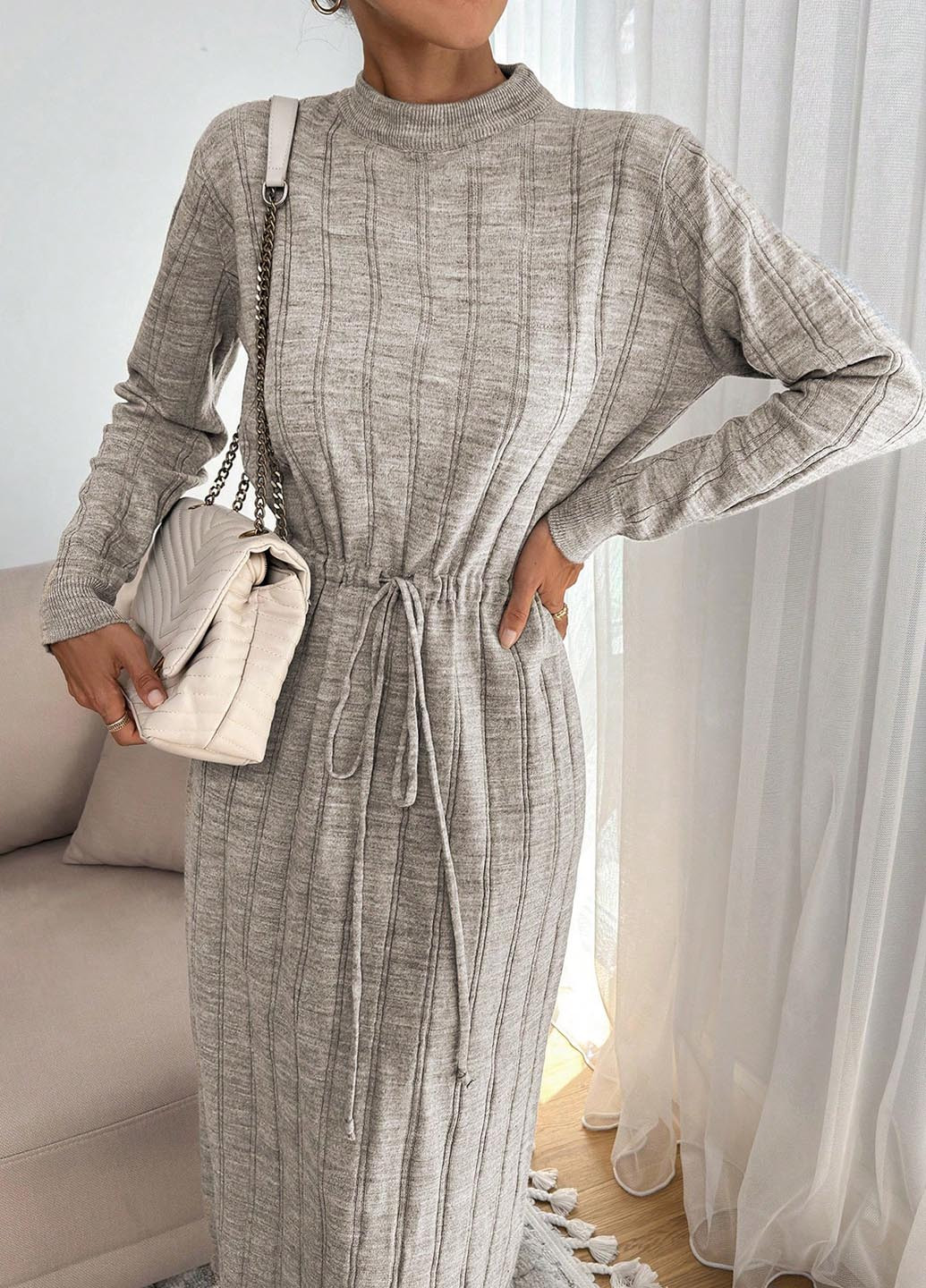 Бежевое кэжуал платье платье-свитер SHEIN однотонное