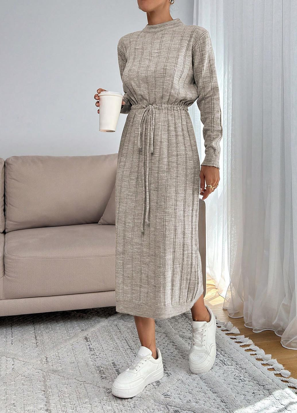 Бежевое кэжуал платье платье-свитер SHEIN однотонное