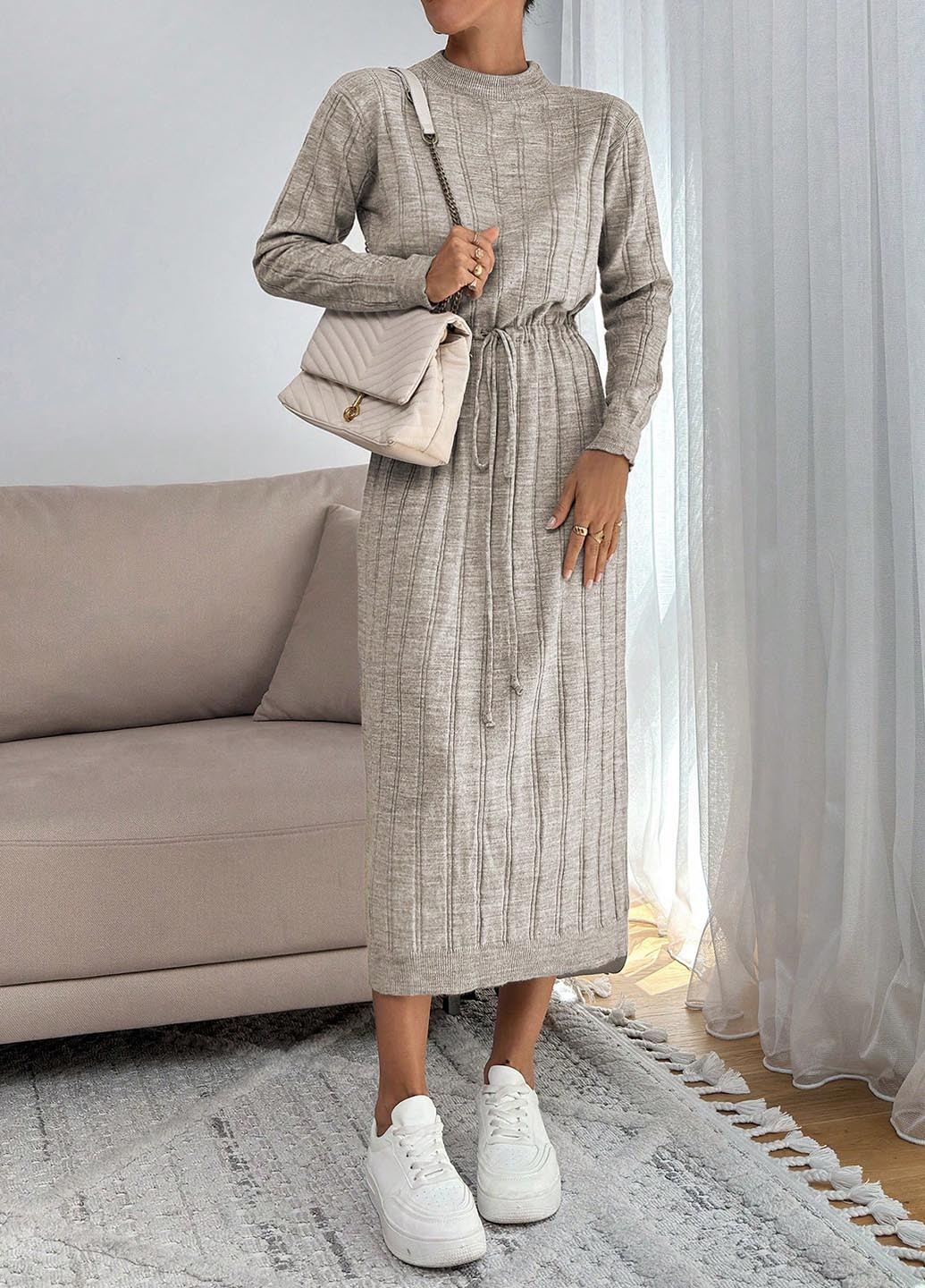 Бежевое кэжуал платье платье-свитер SHEIN однотонное