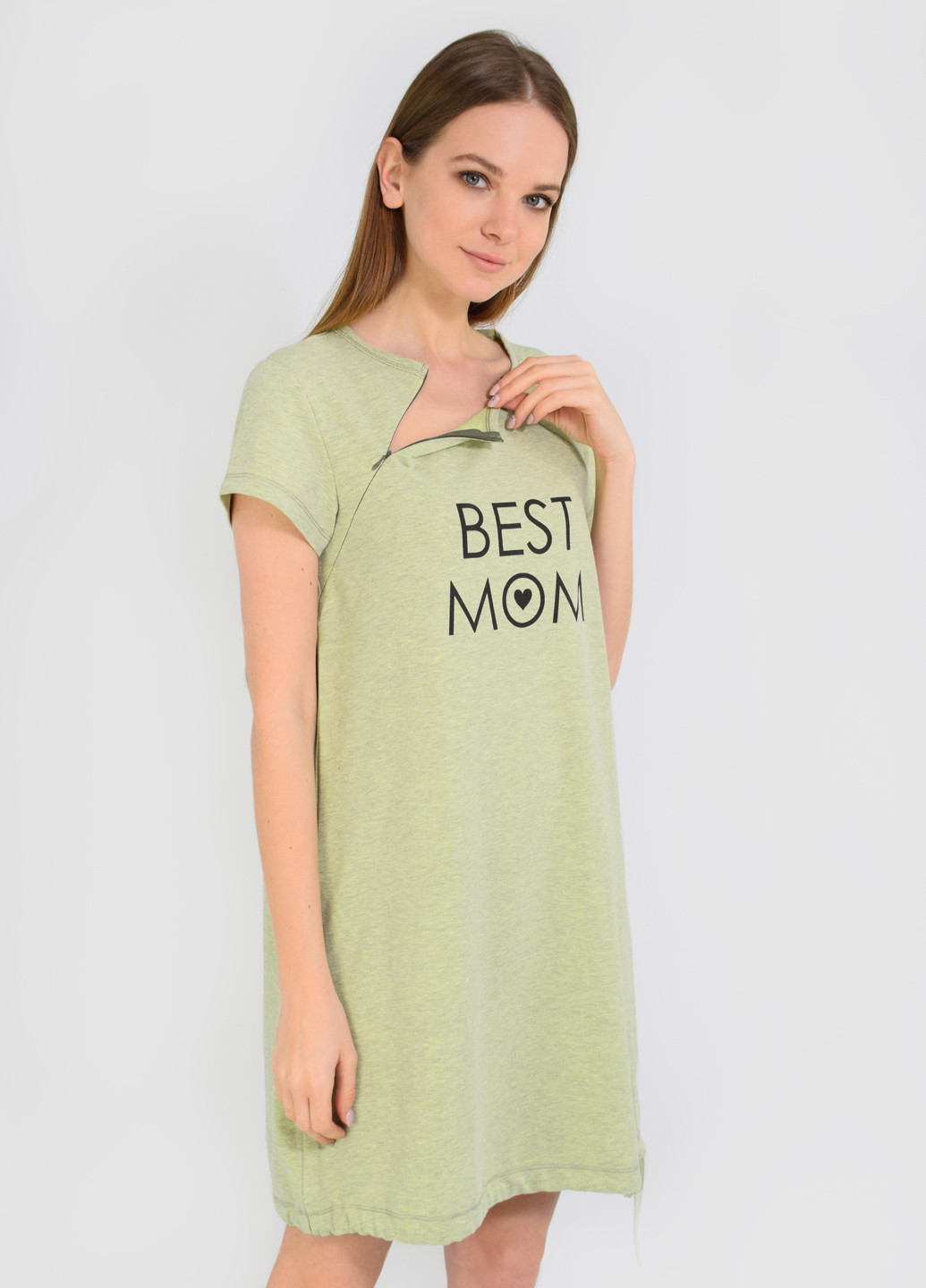 Ночная рубашка для кормящих мам NEL надпись оливковая домашняя