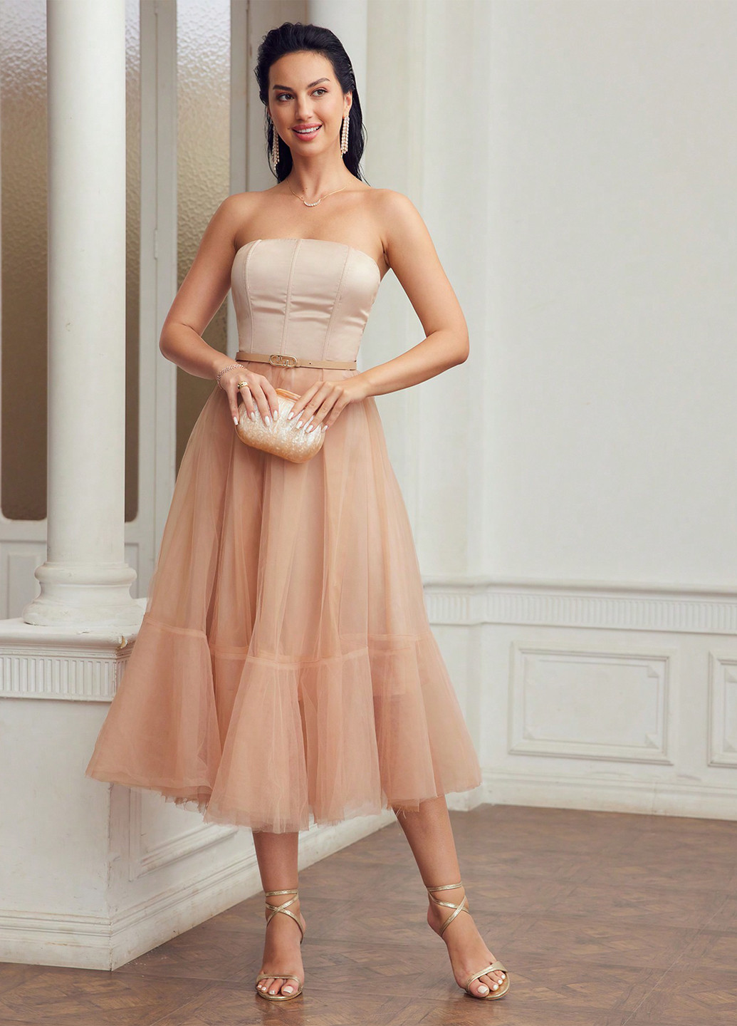 Пудрова святковий сукня з відкритими плечима SHEIN однотонна