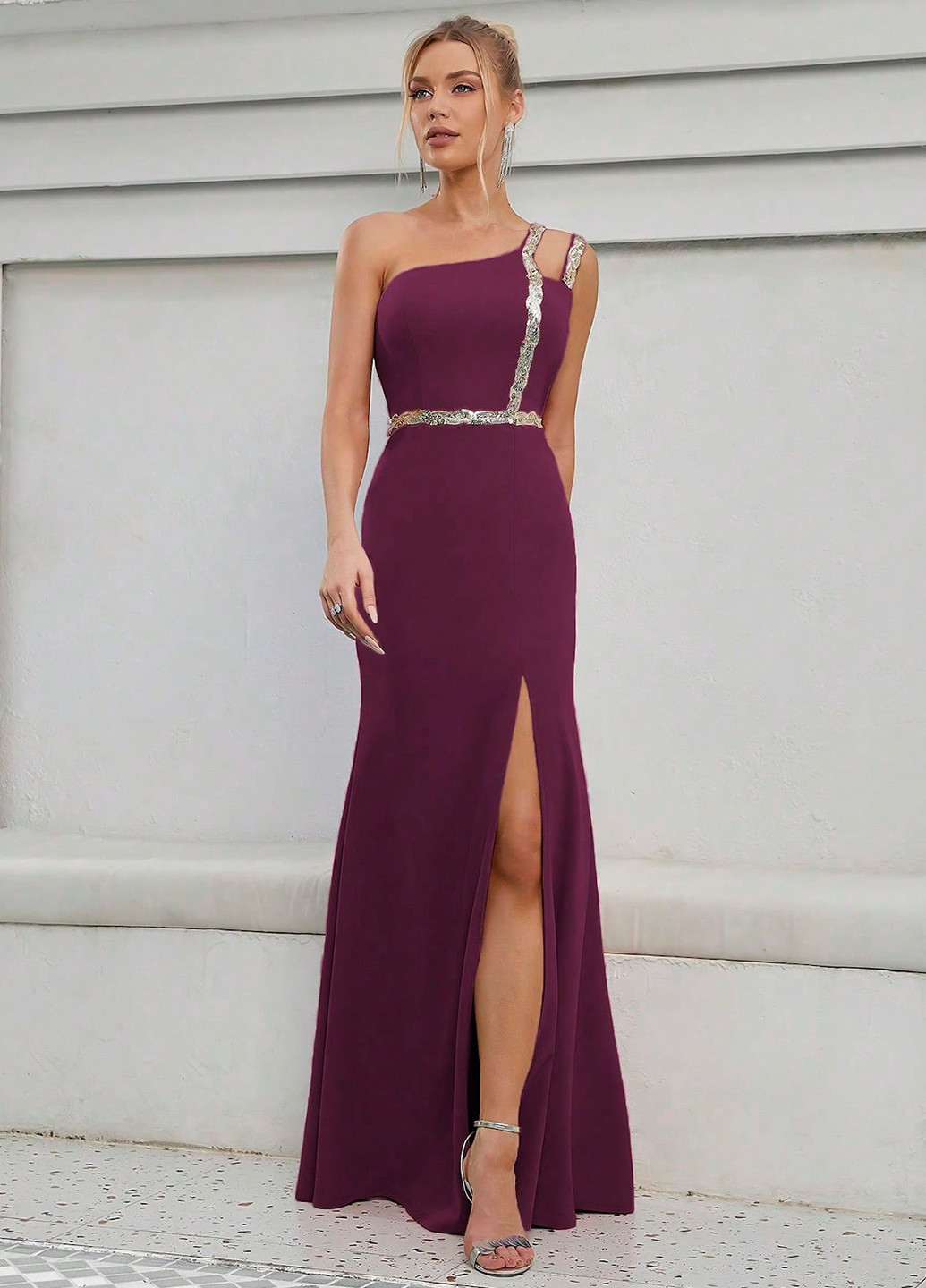 Фиолетовое вечернее платье на одно плечо SHEIN однотонное