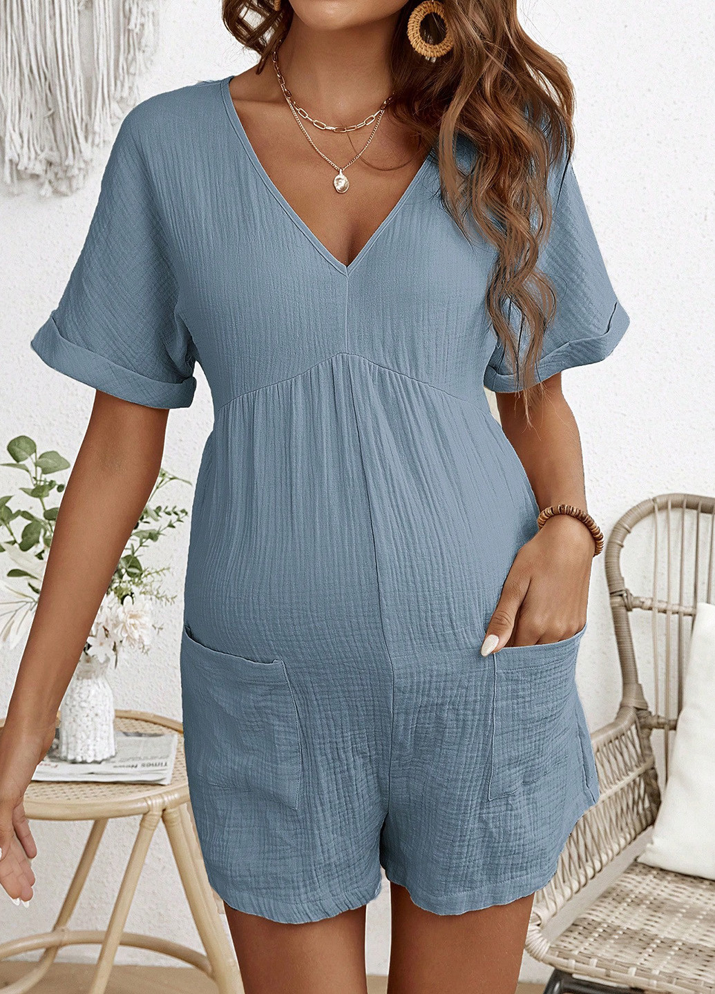 Комбінезон для вагітних SHEIN комбінезон-шорти однотонний сіро-голубий святковий, кежуал бавовна