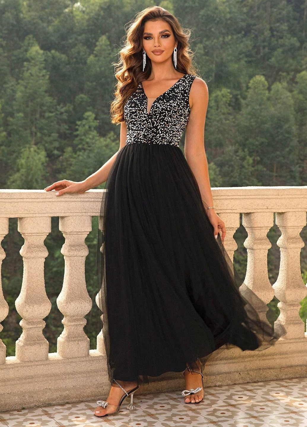 Черное вечернее платье а-силуэт SHEIN однотонное