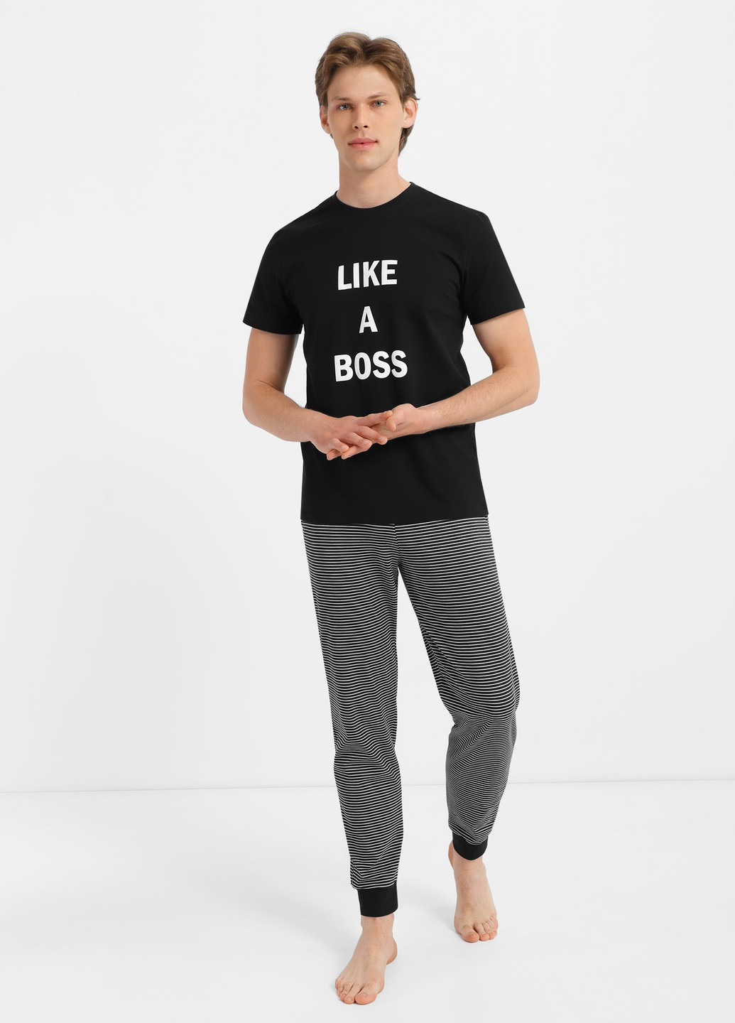 Піжама Роза футболка + штани однотонна чорна домашня бавовна