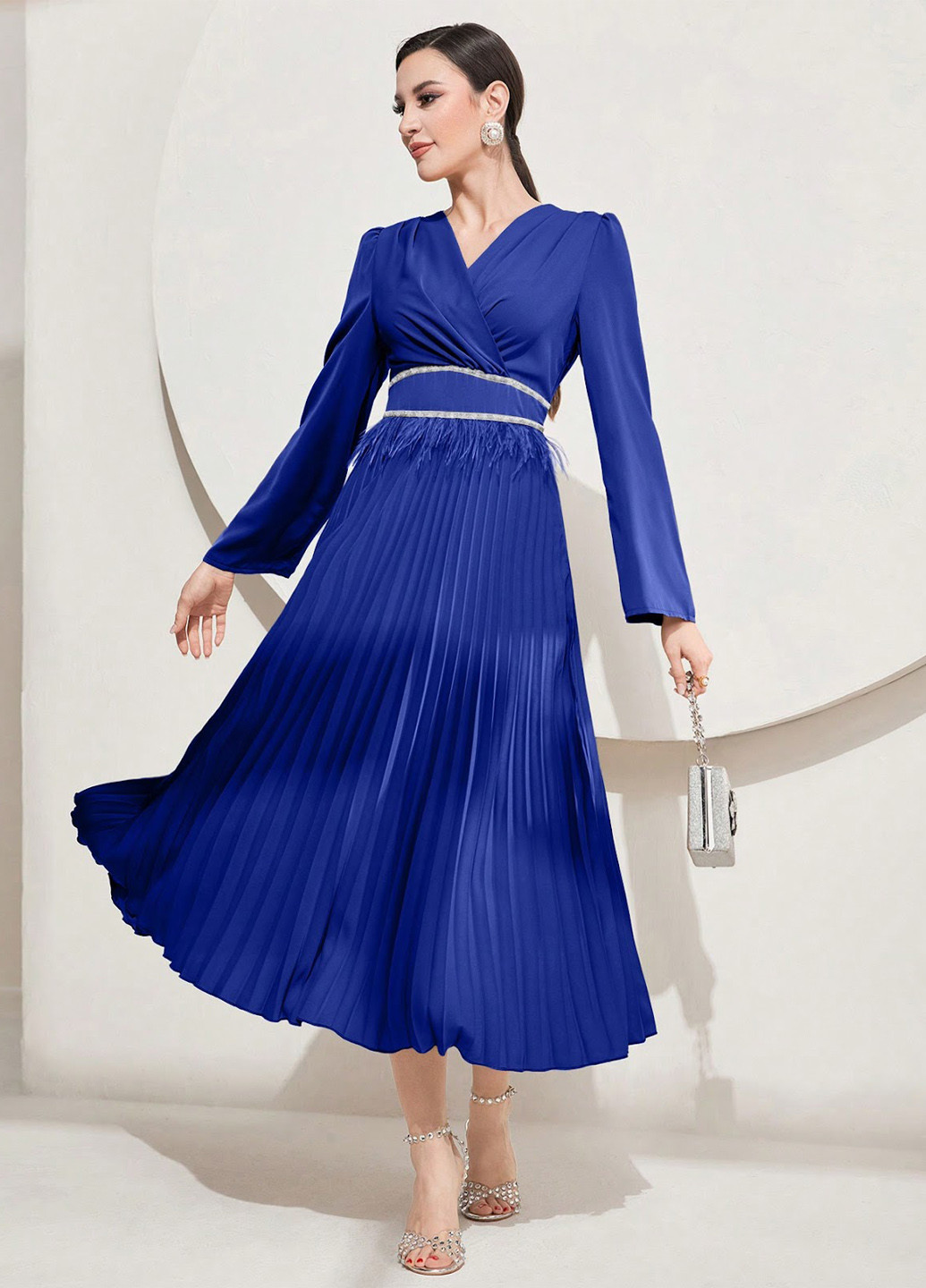 Синее праздничный, вечернее платье клеш, плиссированное SHEIN однотонное