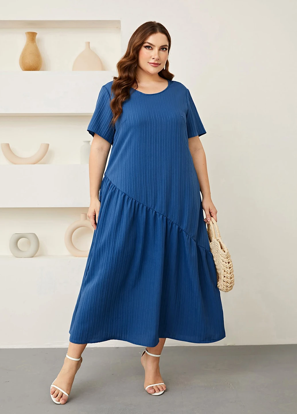 Синее кэжуал платье а-силуэт SHEIN однотонное