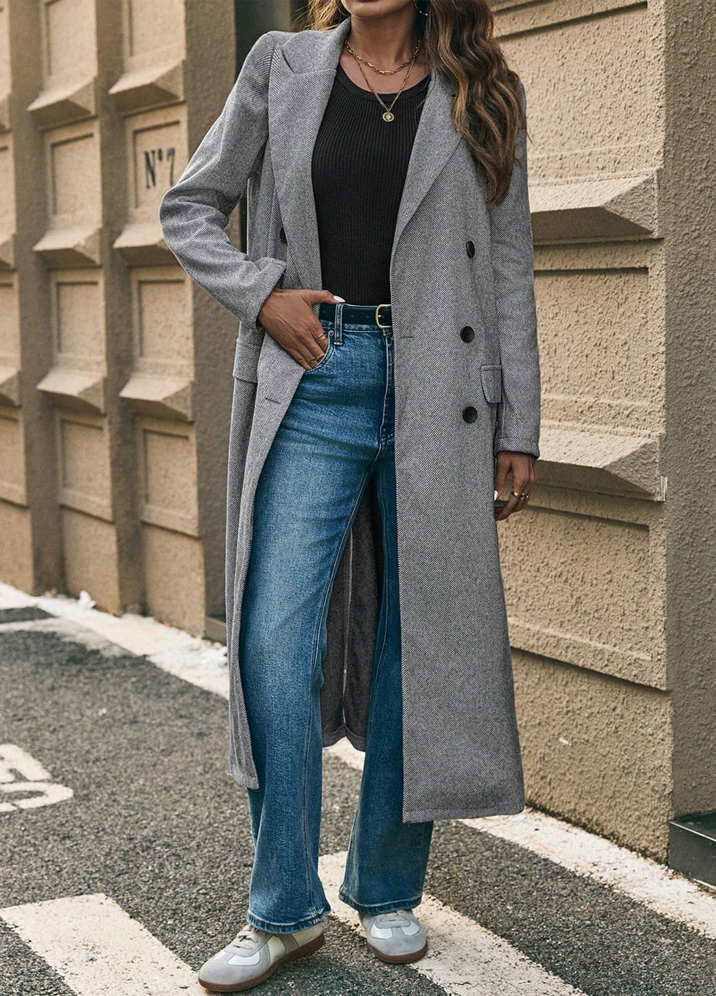 Серое демисезонное Пальто двубортное SHEIN