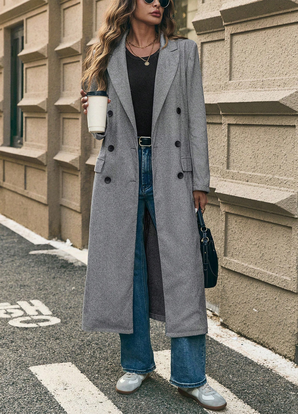 Серое демисезонное Пальто двубортное SHEIN