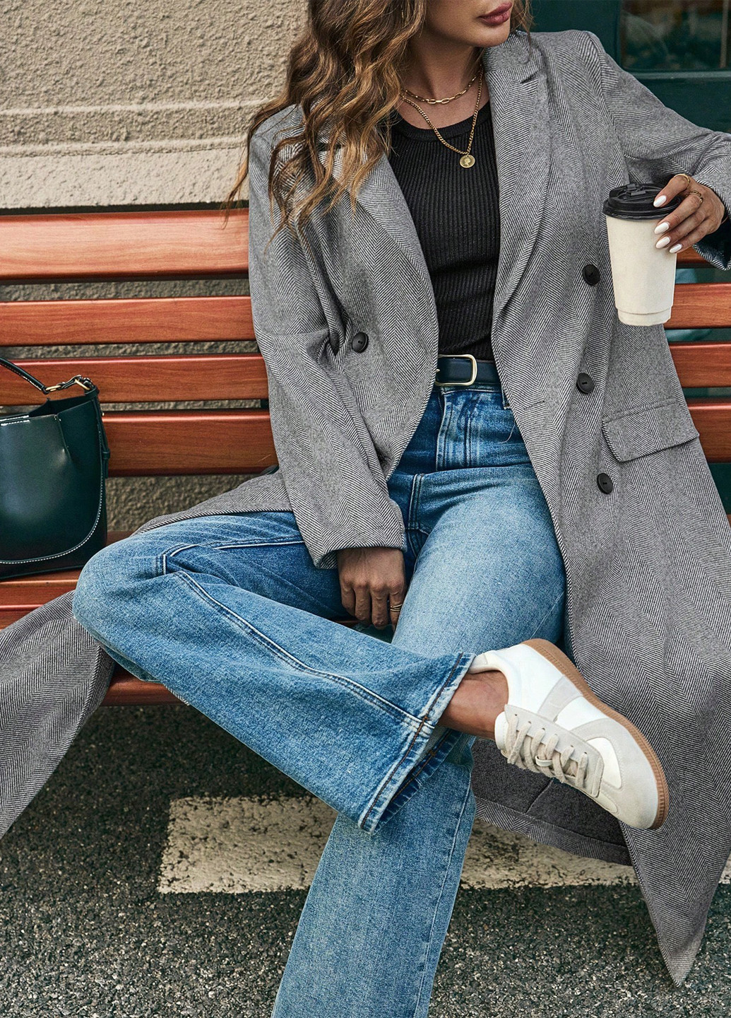 Серое демисезонное Пальто двубортное SHEIN