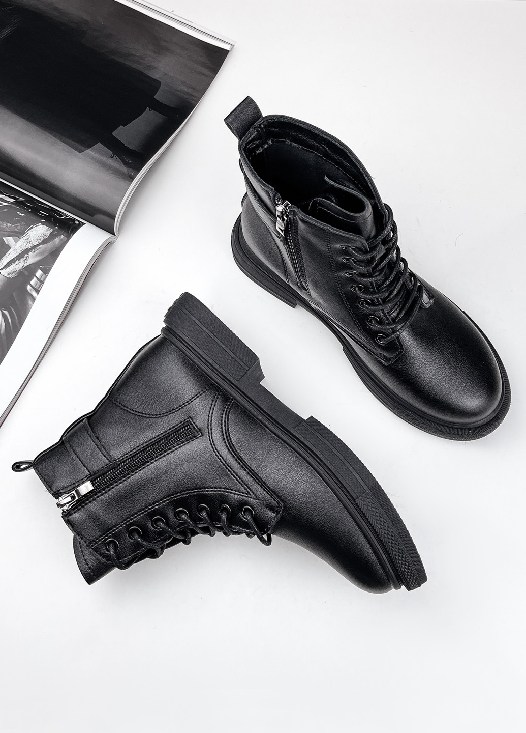 Осенние женские ботинки на шнурках черные эко кожа Fashion из искусственной кожи