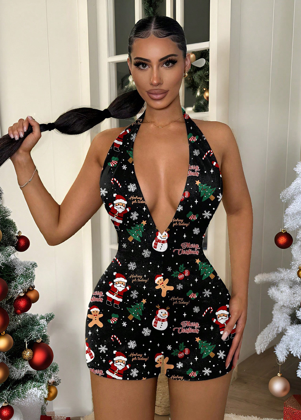 Комбинезон SHEIN комбинезон-шорты новогодний комбинированный вечерний, кэжуал полиэстер