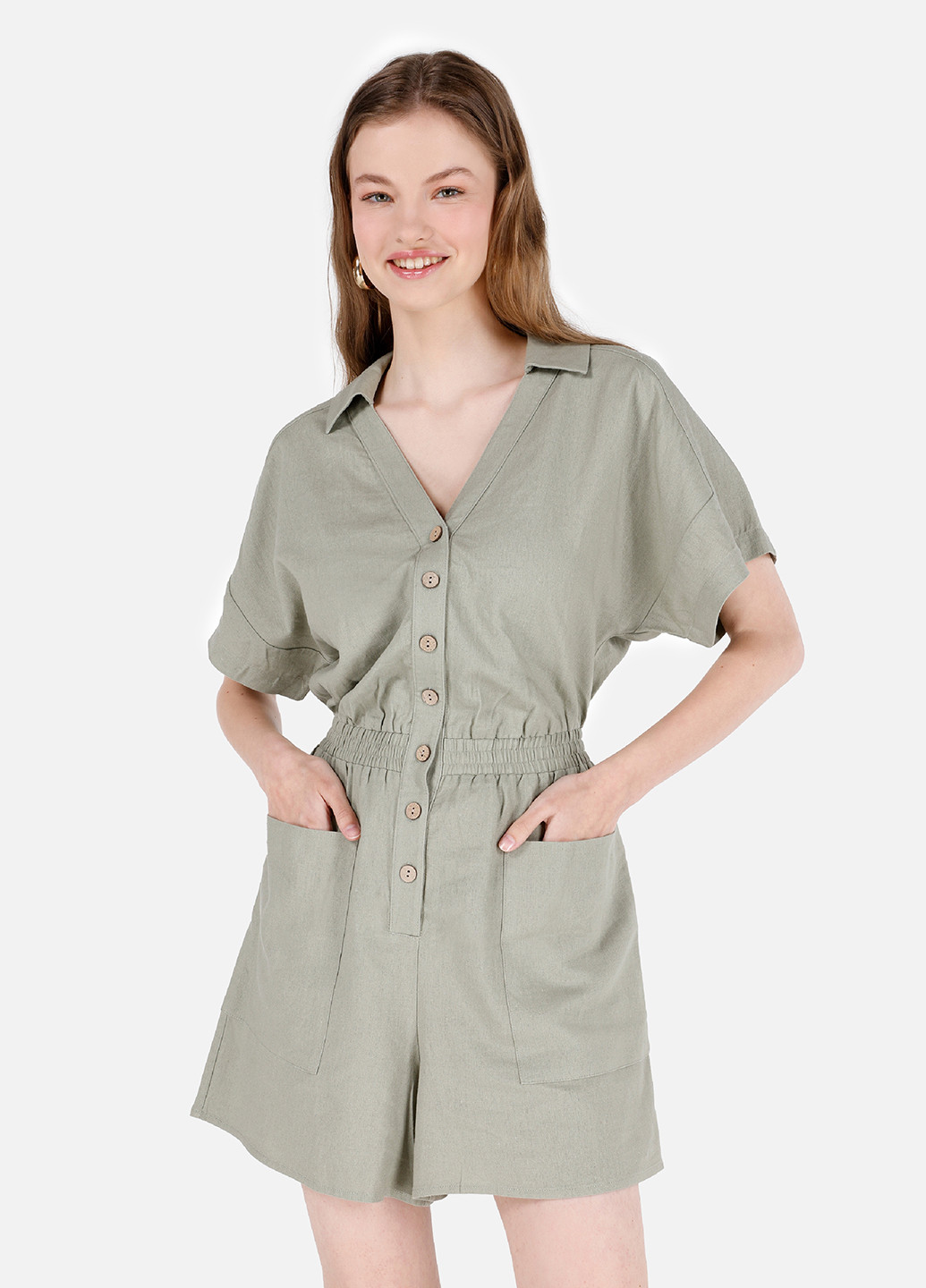 Комбінезон Colin's комбінезон-шорти однотонний оливковий кежуал льон, віскоза