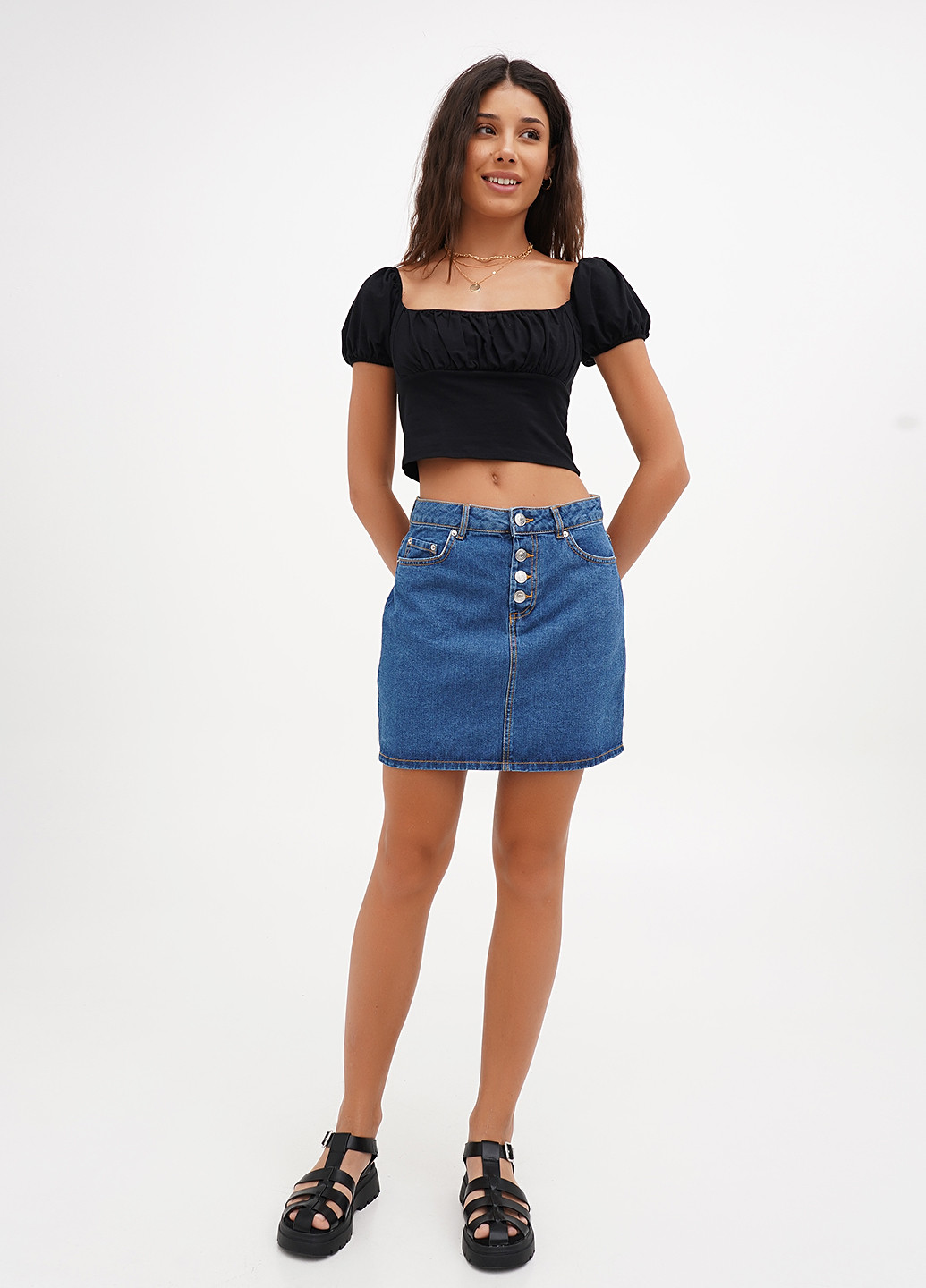 Синяя кэжуал, джинсовая однотонная юбка Terranova а-силуэта (трапеция)