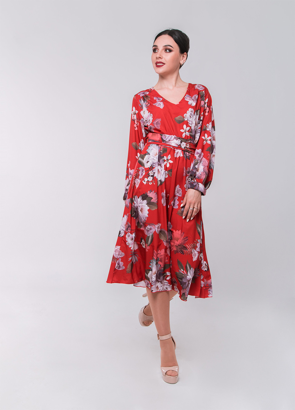 Красное кэжуал платье клеш Alpama с цветочным принтом