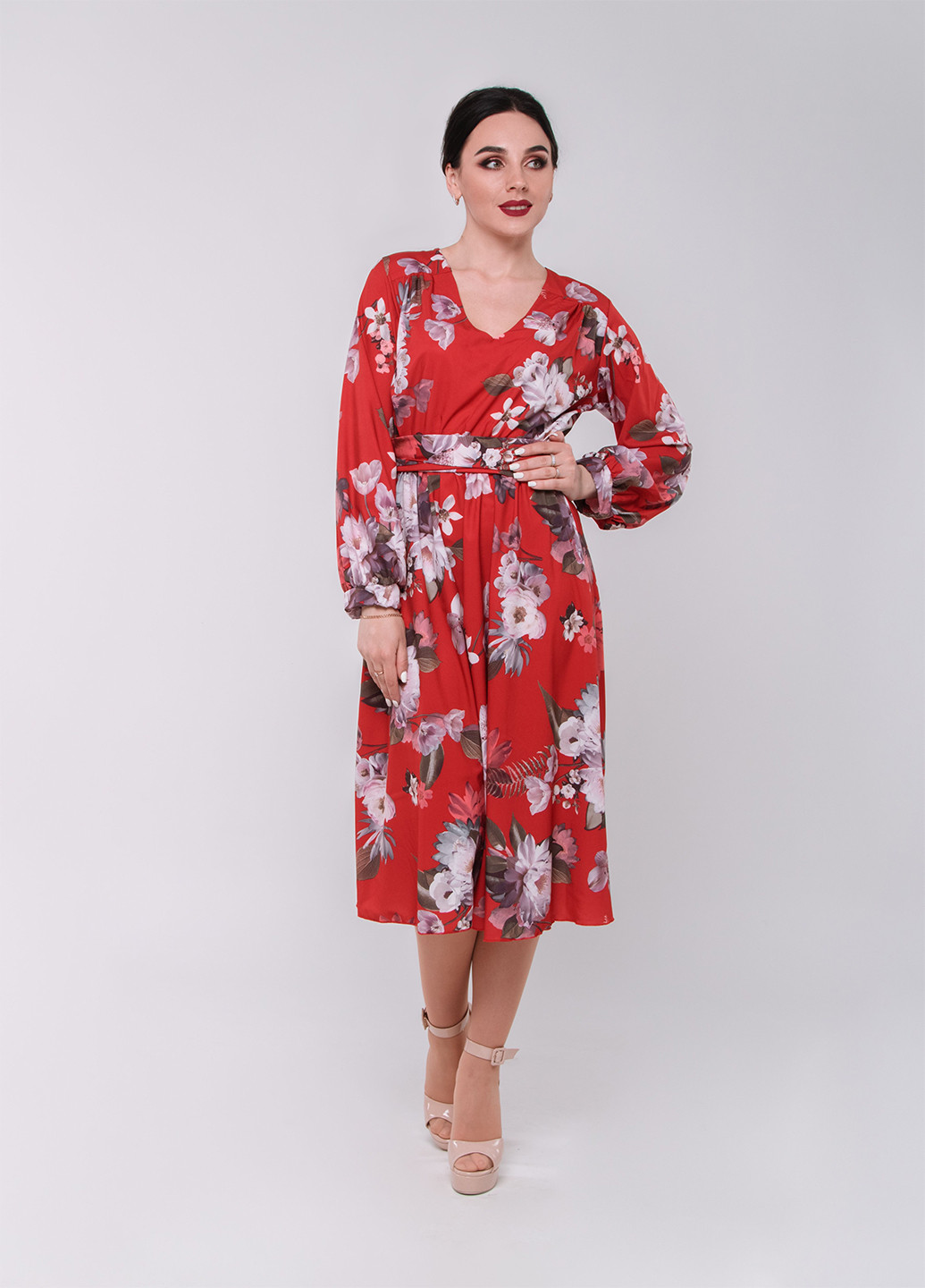 Красное кэжуал платье клеш Alpama с цветочным принтом