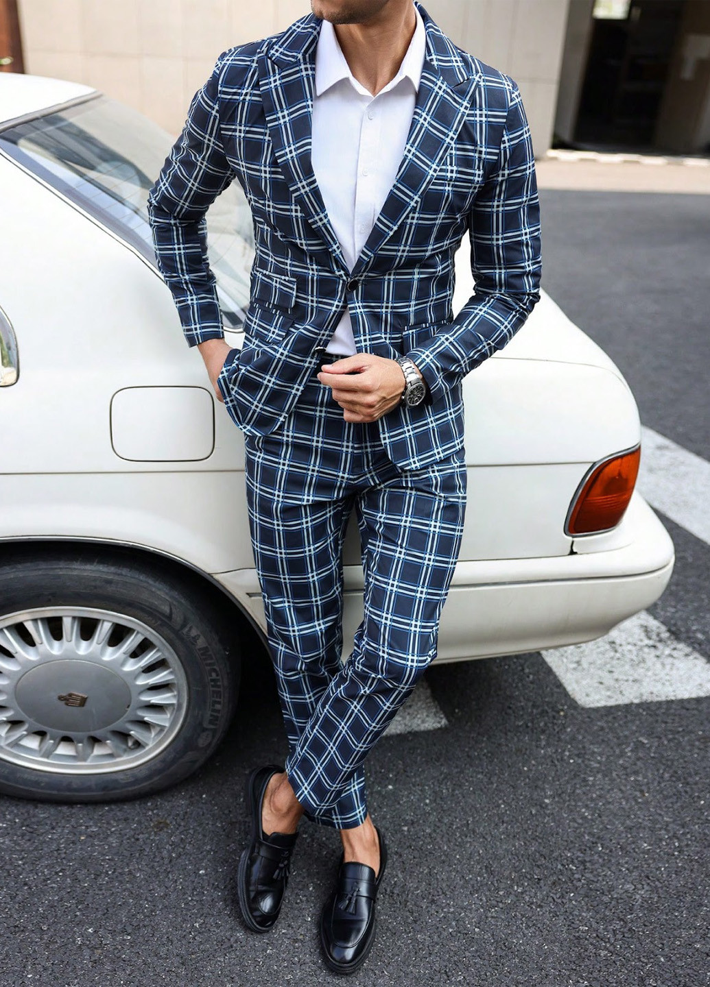 Темно-синій демісезонний костюм (піджак, штани) брючний SHEIN