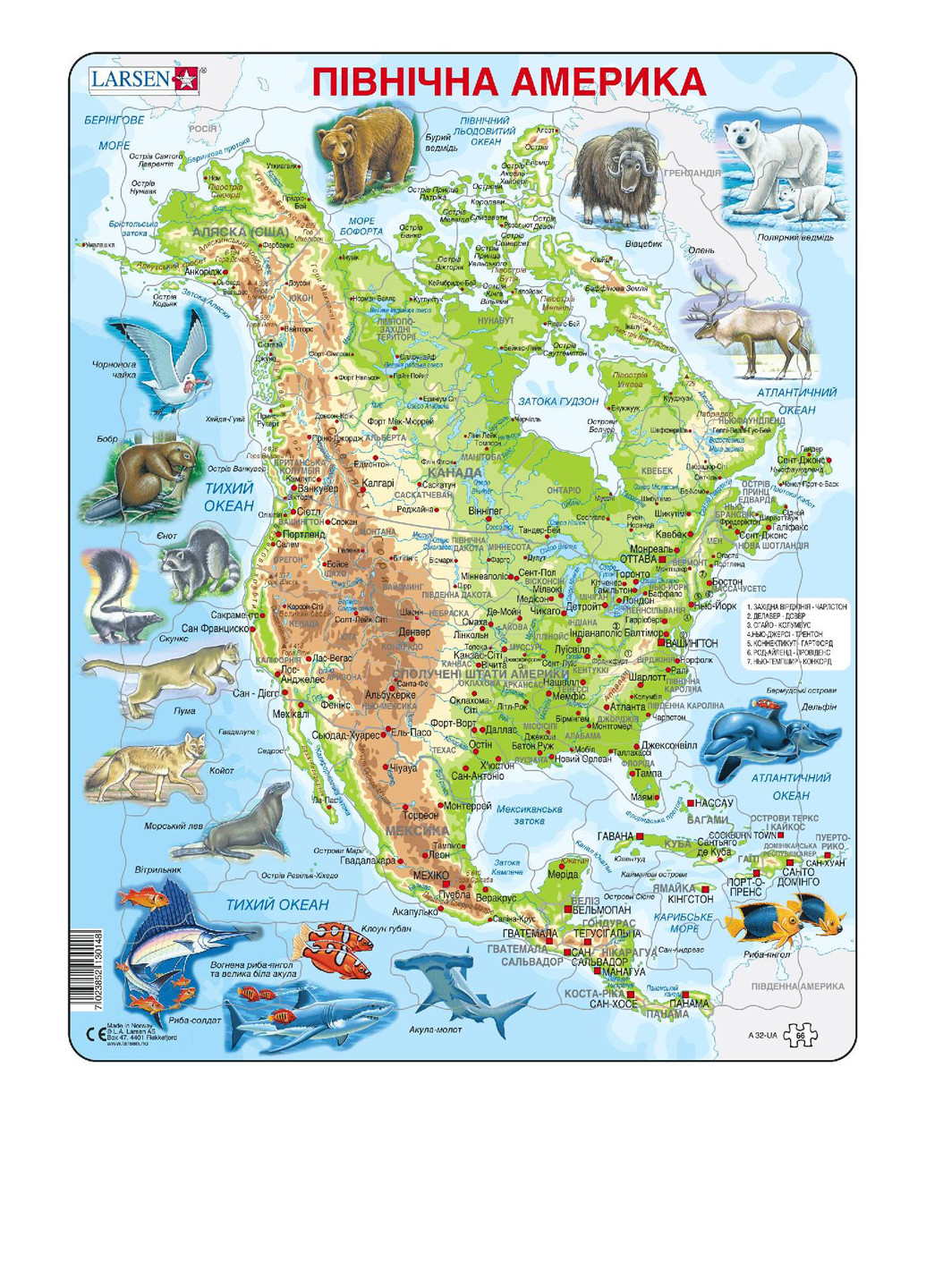 Пазл Максі Карта Північної Америки з тваринами (66 ел.), 36,5 х28,5х0,5 см Larsen (286214675)