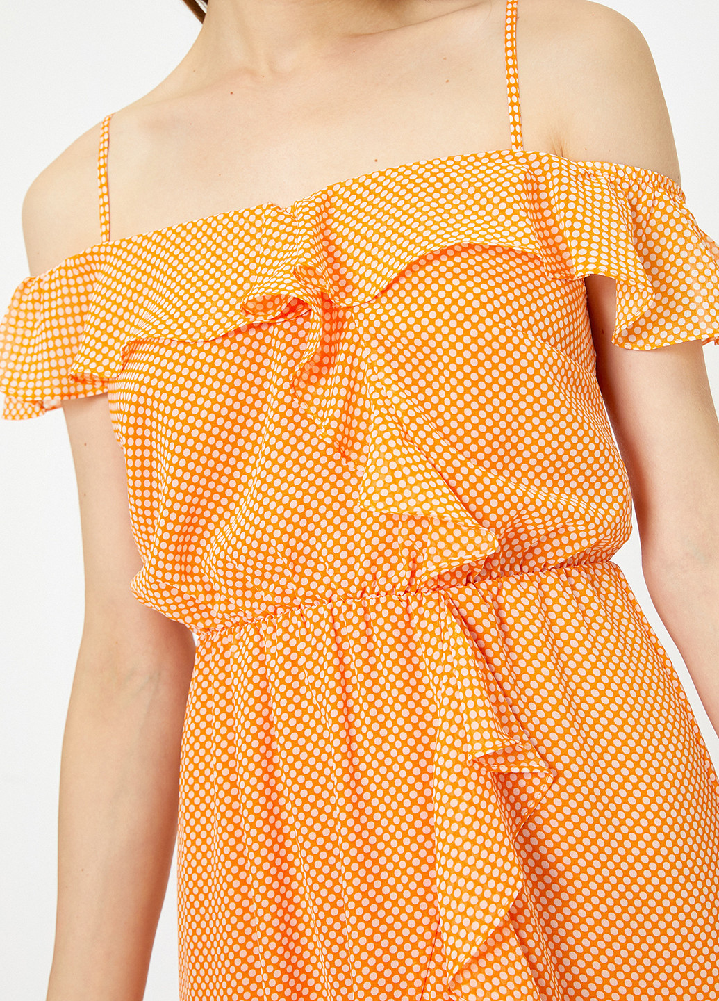 Оранжевое кэжуал платье клеш, с открытыми плечами, на запах KOTON в горошек