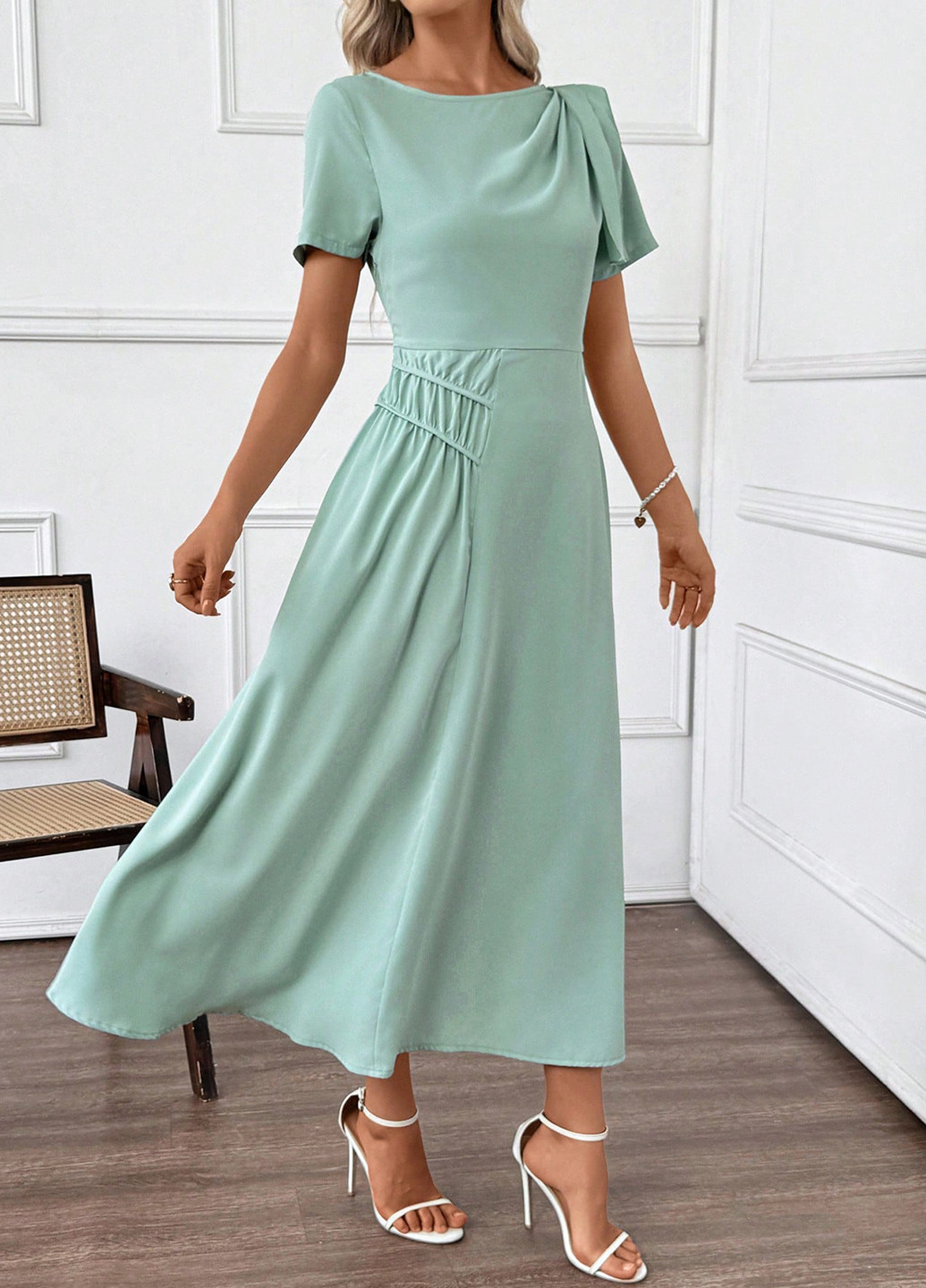 Мятное кэжуал платье клеш SHEIN однотонное