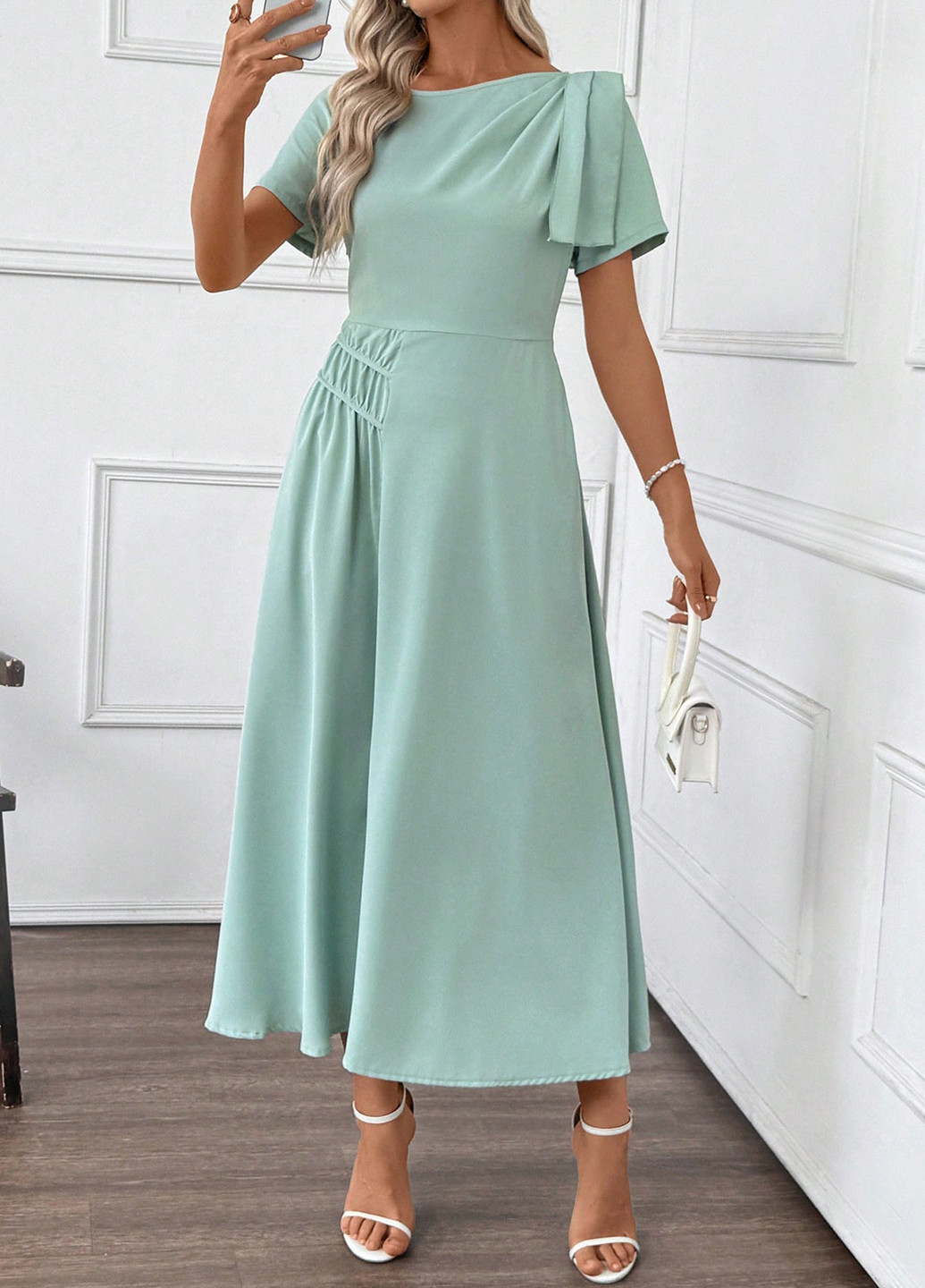 Мятное кэжуал платье клеш SHEIN однотонное