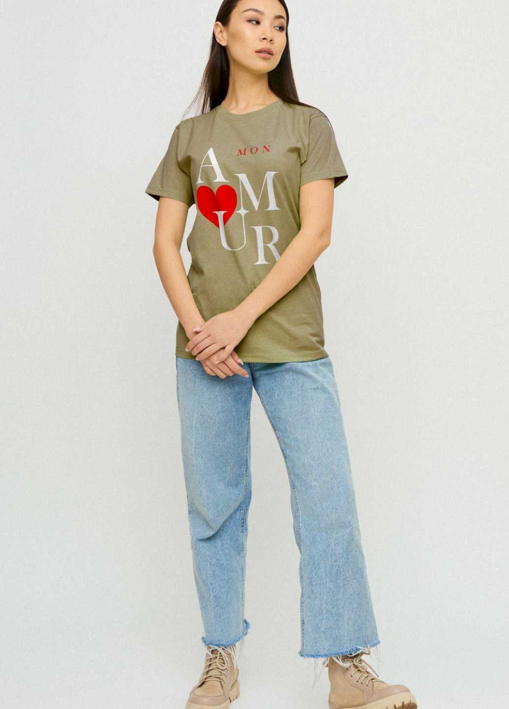 Хаки (оливковая) демисезон футболка boyfriend / дышащий принт/ YAPPI