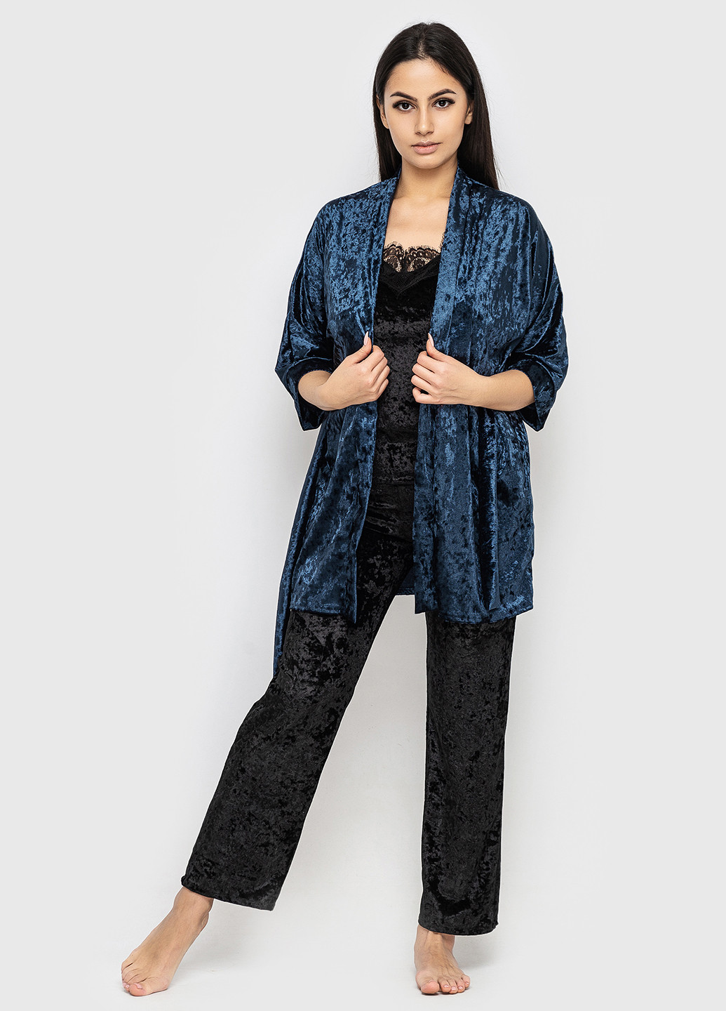 Темно-синій демісезонний комплект (майка, штани, халат) Ghazel