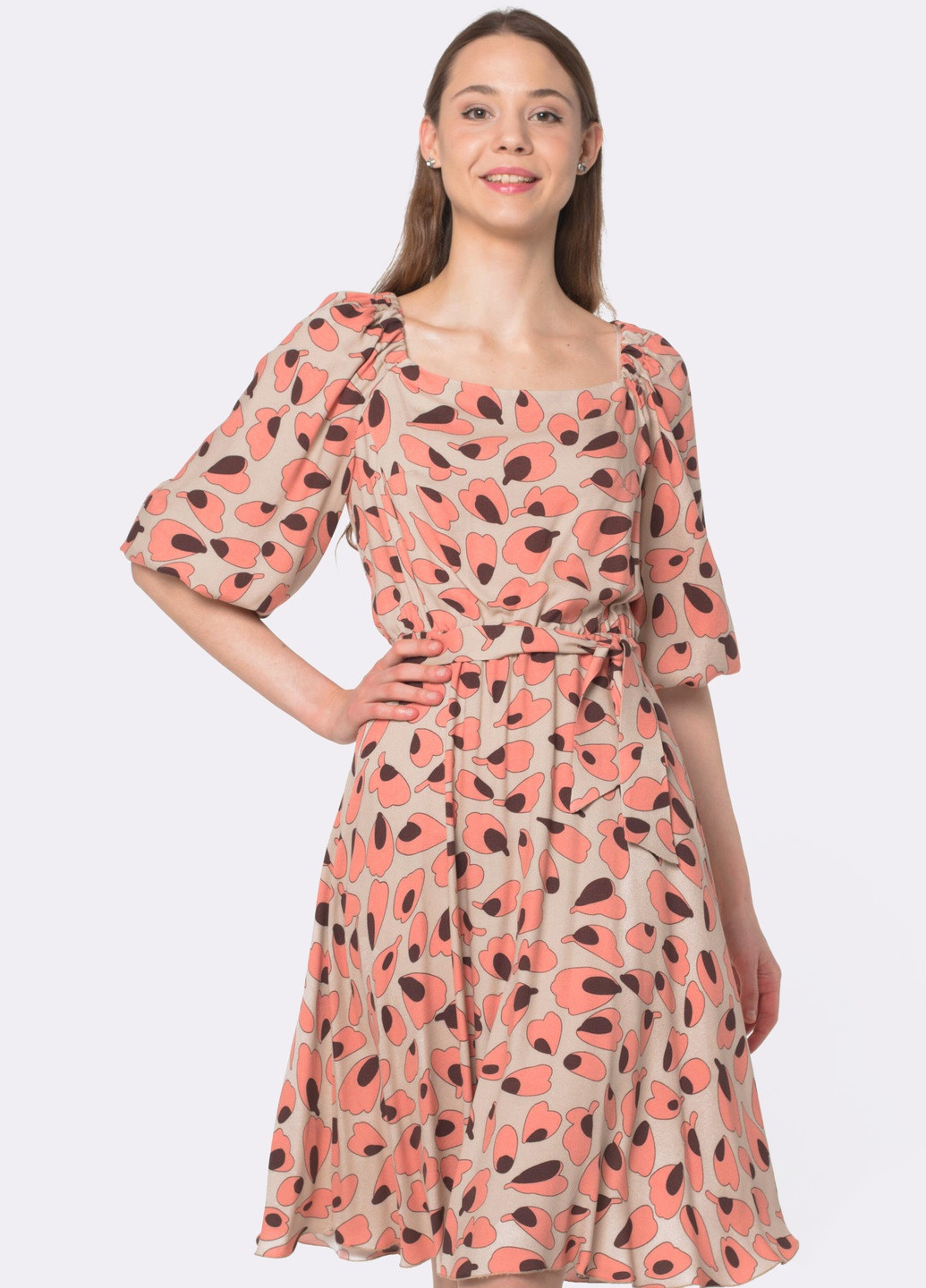 Бежевое кэжуал платье с пышной юбкой Cat Orange с цветочным принтом