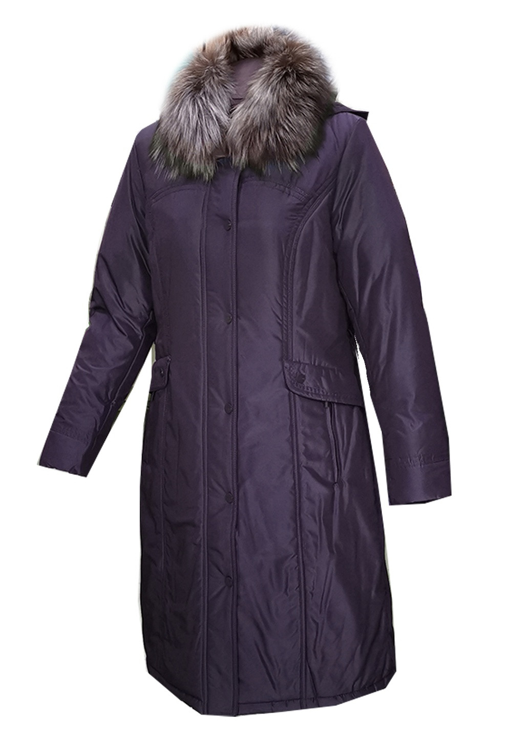 Сливовое зимнее Пуховик пальто с капюшоном с мехом чернобурки City Classic