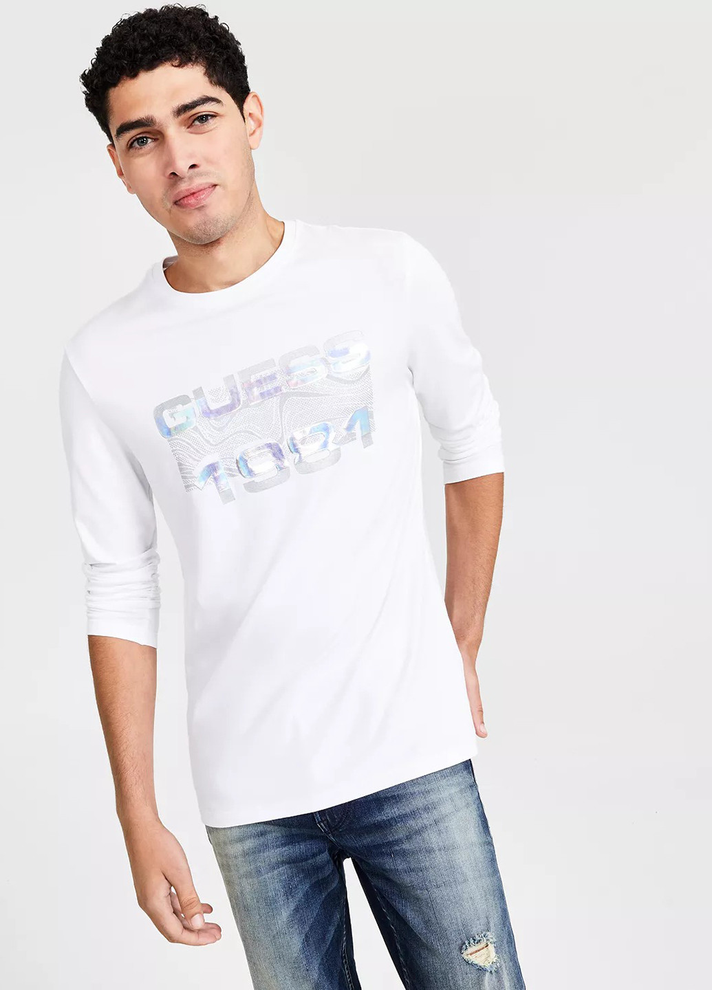 Лонгслів Guess логотип білий кежуали бавовна, трикотаж