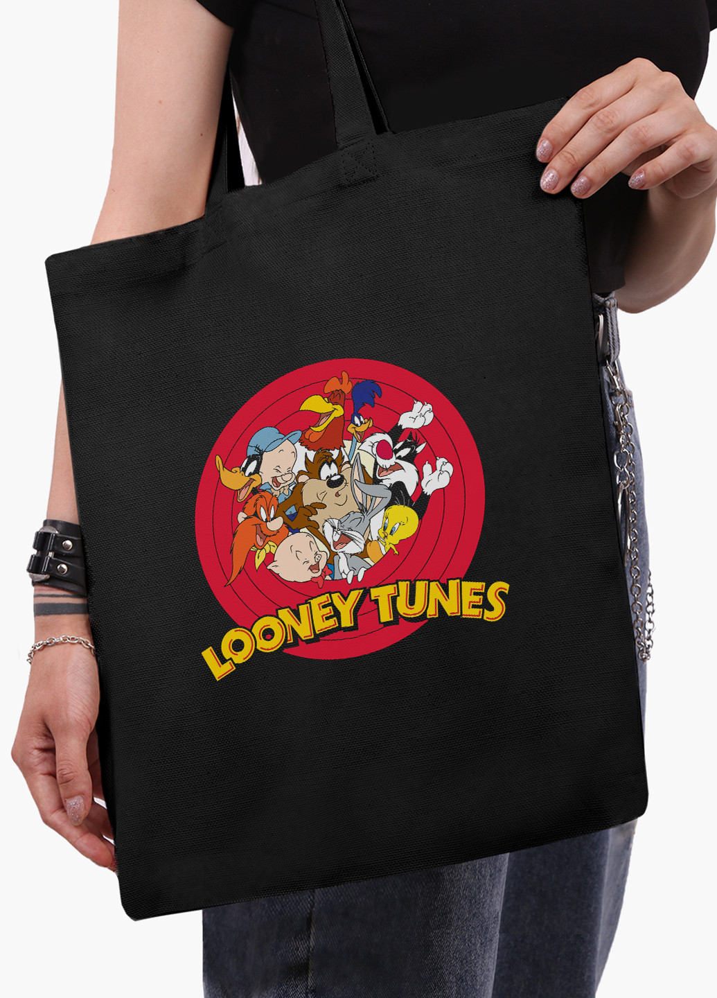 Еко сумка шоппер чорна Луні Тюнз (Looney Tunes) на блискавці (9227-2880-BKZ) MobiPrint (236265580)