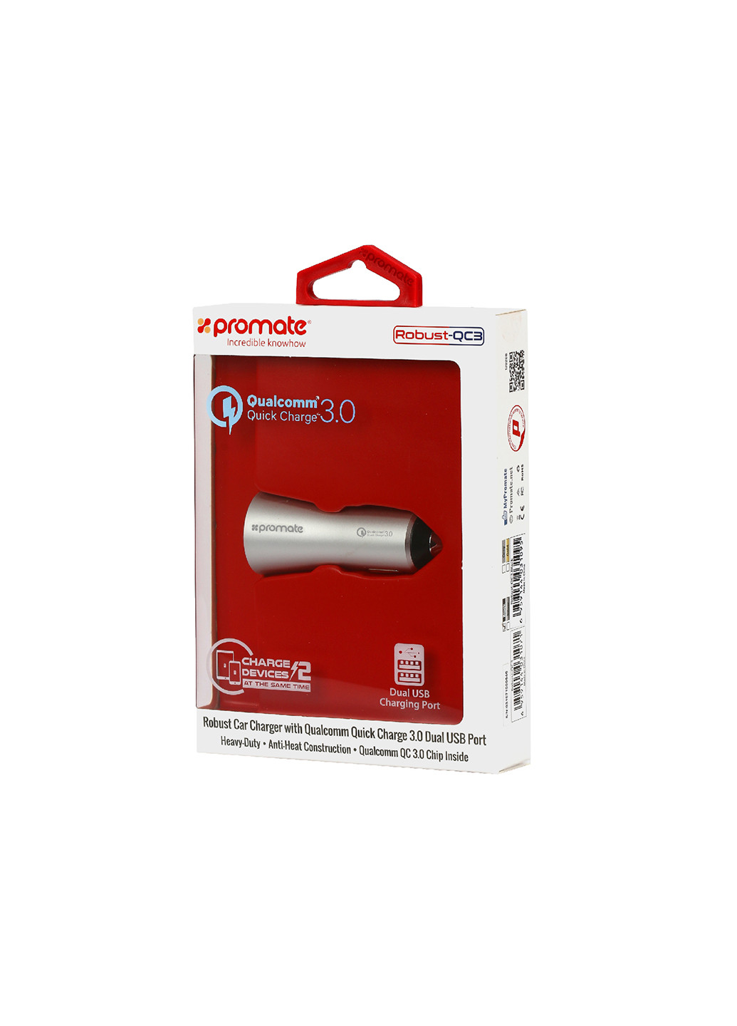 Автомобильное зарядное устройство Robust-QC3 30Вт USB QC3.0 + USB 2.4A Promate robust-qc3.silver (203947095)